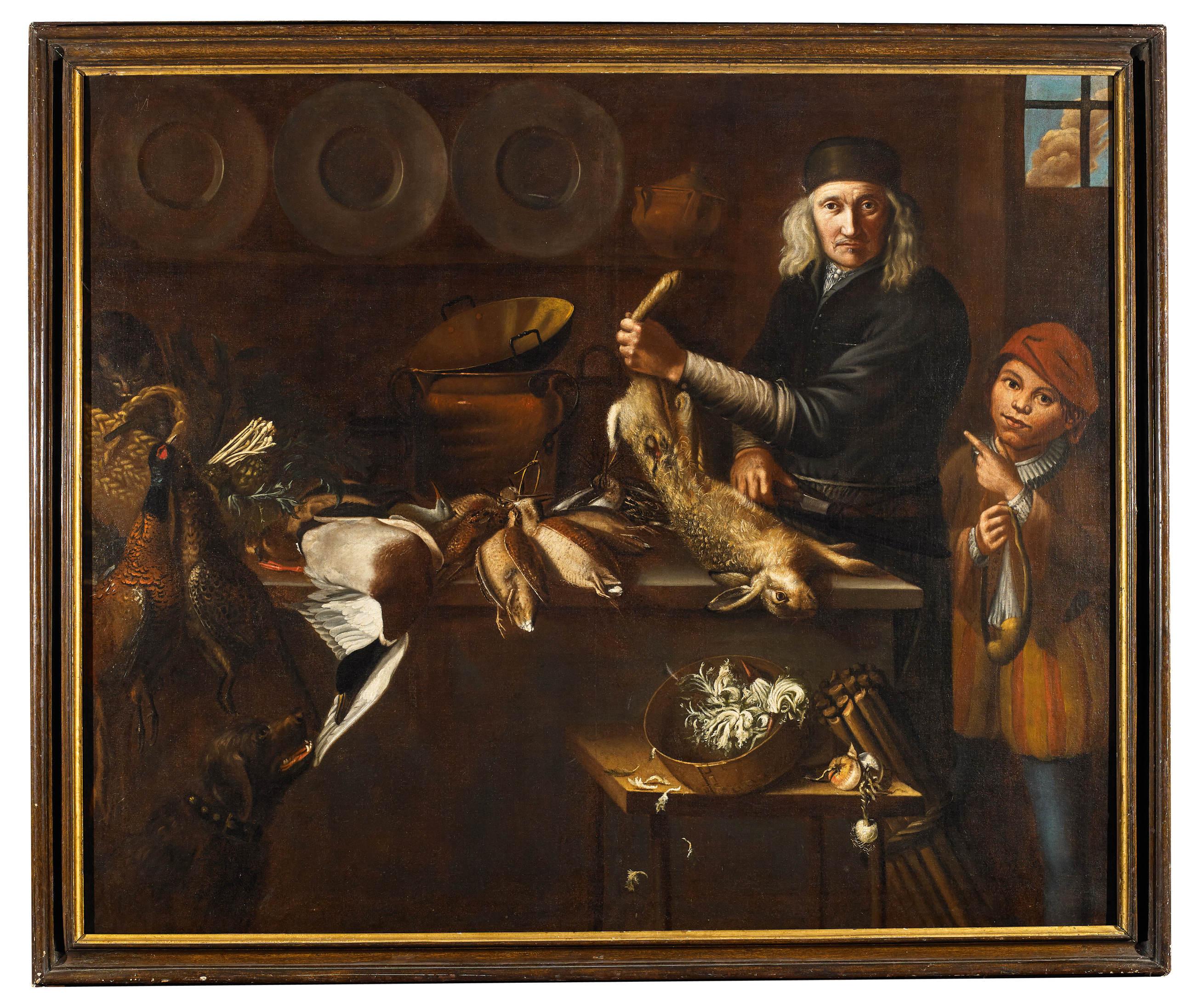 Baroque Intérieur de cuisine, peinture à l'huile sur toile, Italie du Nord, XVIIe siècle en vente