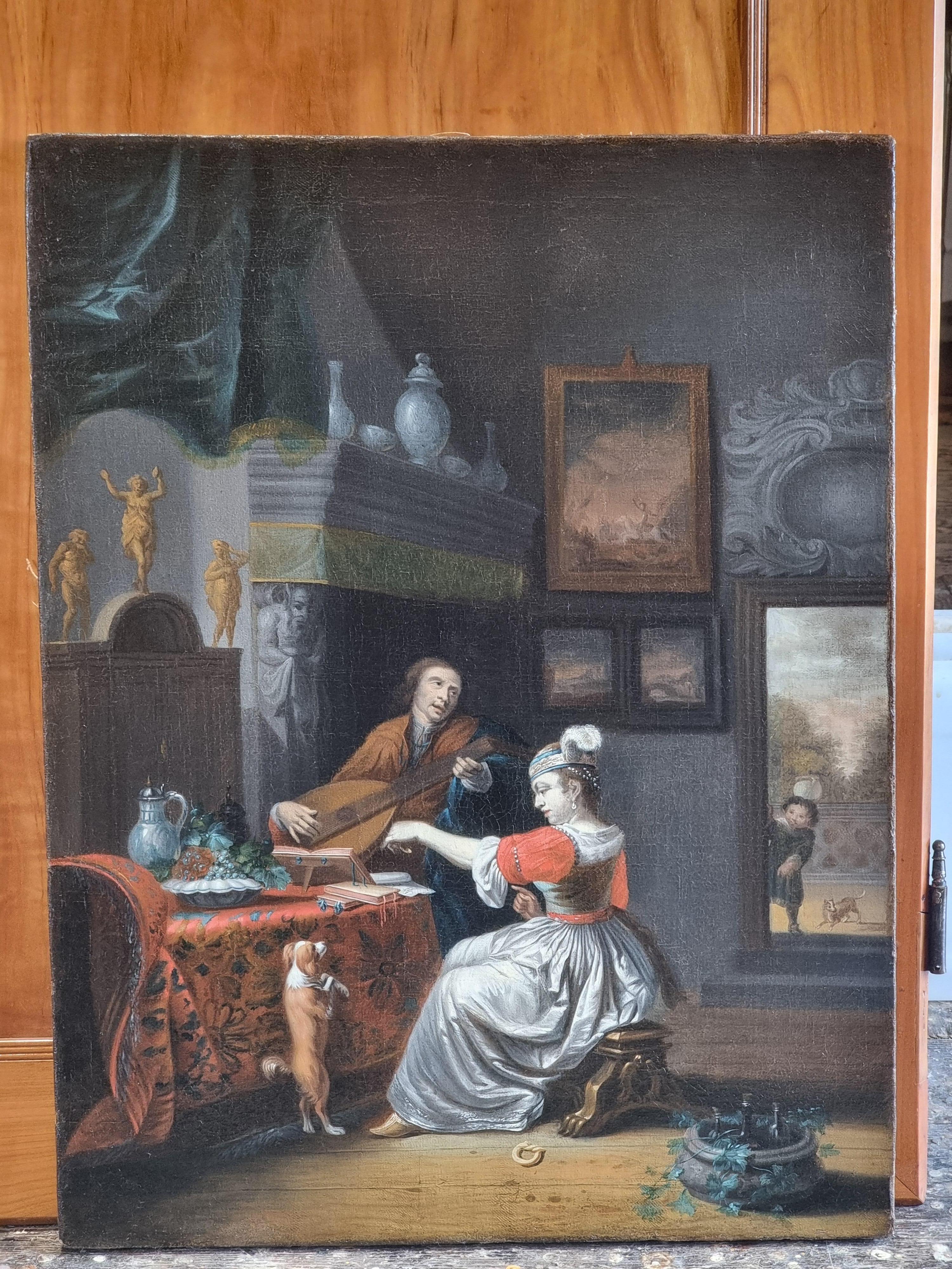 Interno elegante con gentiluomo musicista, dama e cane – Scuola olandese del XVI in vendita 4