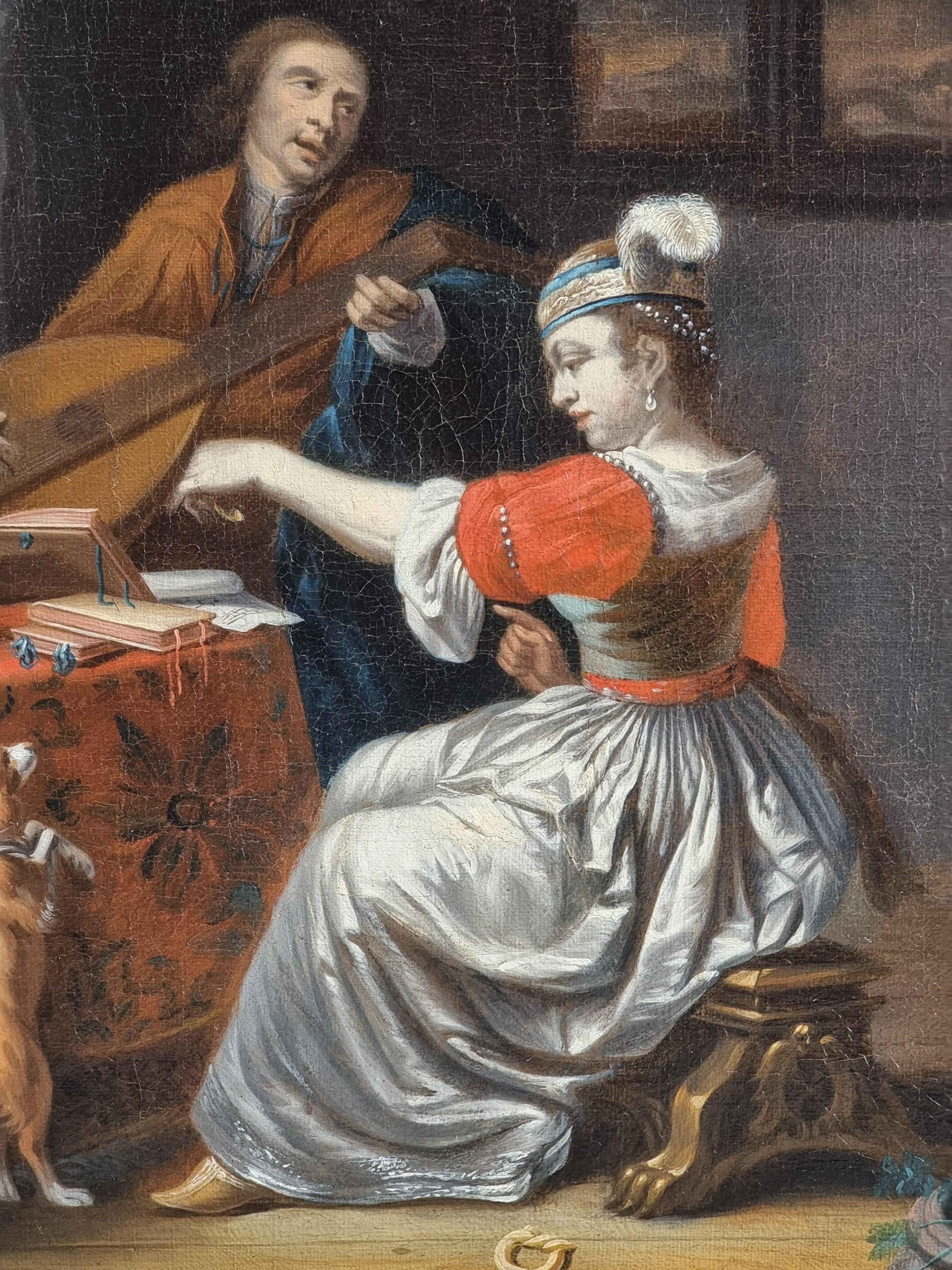 Interno elegante con gentiluomo musicista, dama e cane – Scuola olandese del XVI in vendita 5