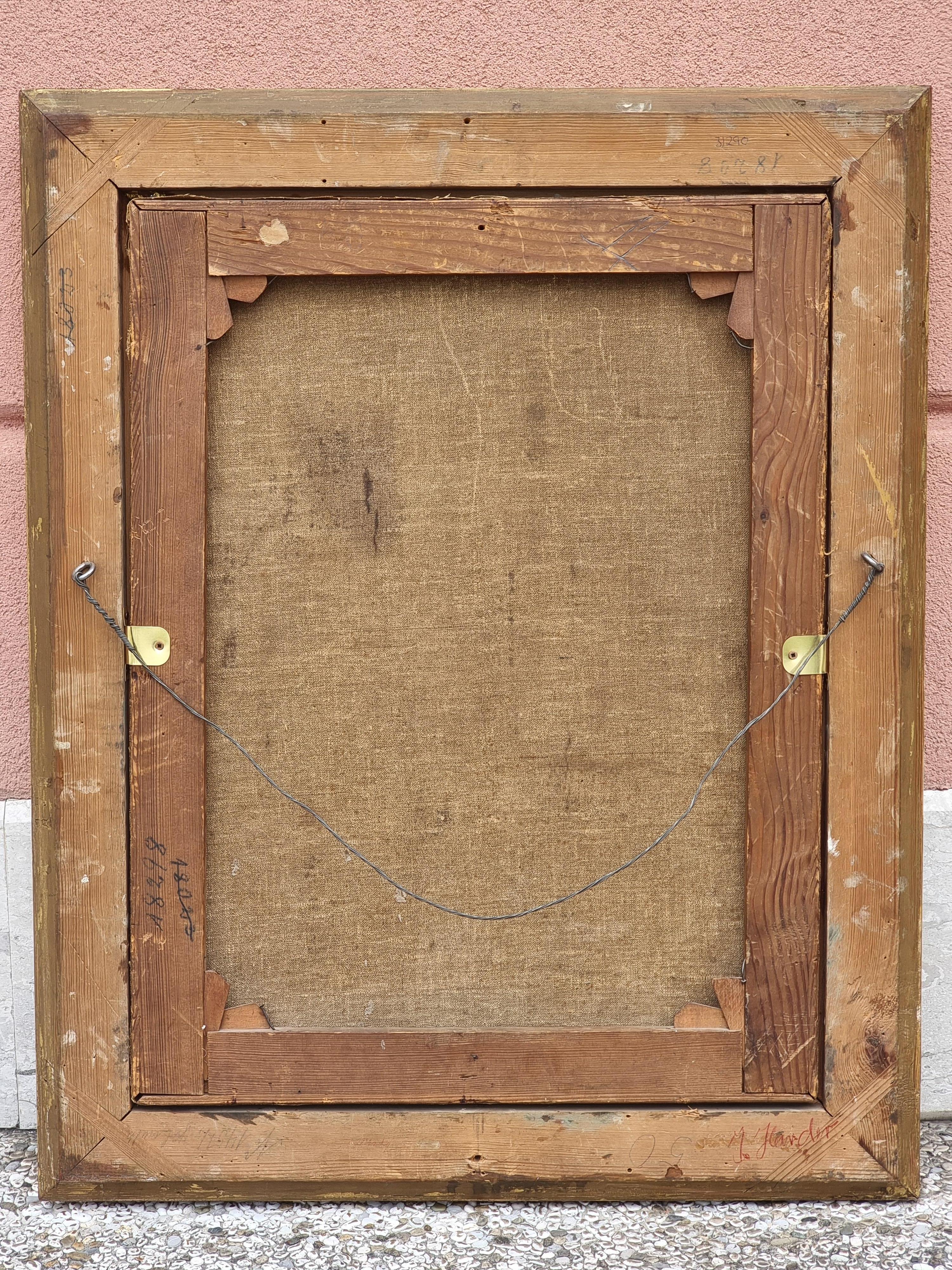 Dipinto a olio su tela raffigurante una raffinata scena d'interni: un gentiluomo in piedi suona un liuto accanto a una dama seduta, abbigliata con gusto secondo la moda dell’epoca. Davanti a lei, un piccolo cane sembra ricevere un’istruzione, mentre