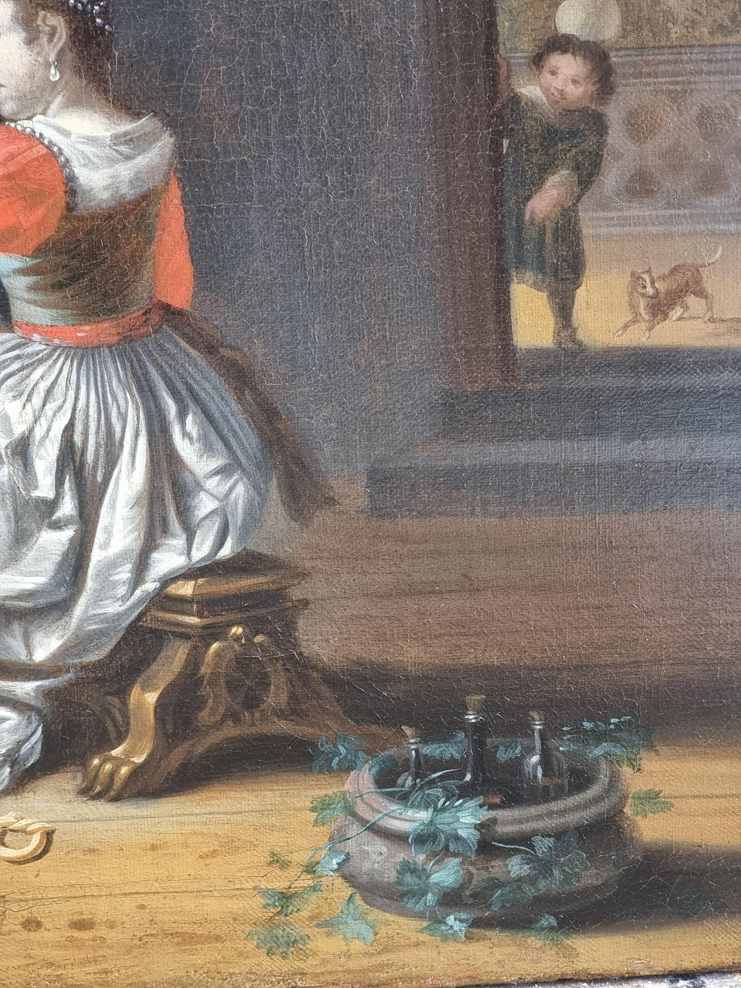A olio Interno elegante con gentiluomo musicista, dama e cane – Scuola olandese del XVI in vendita
