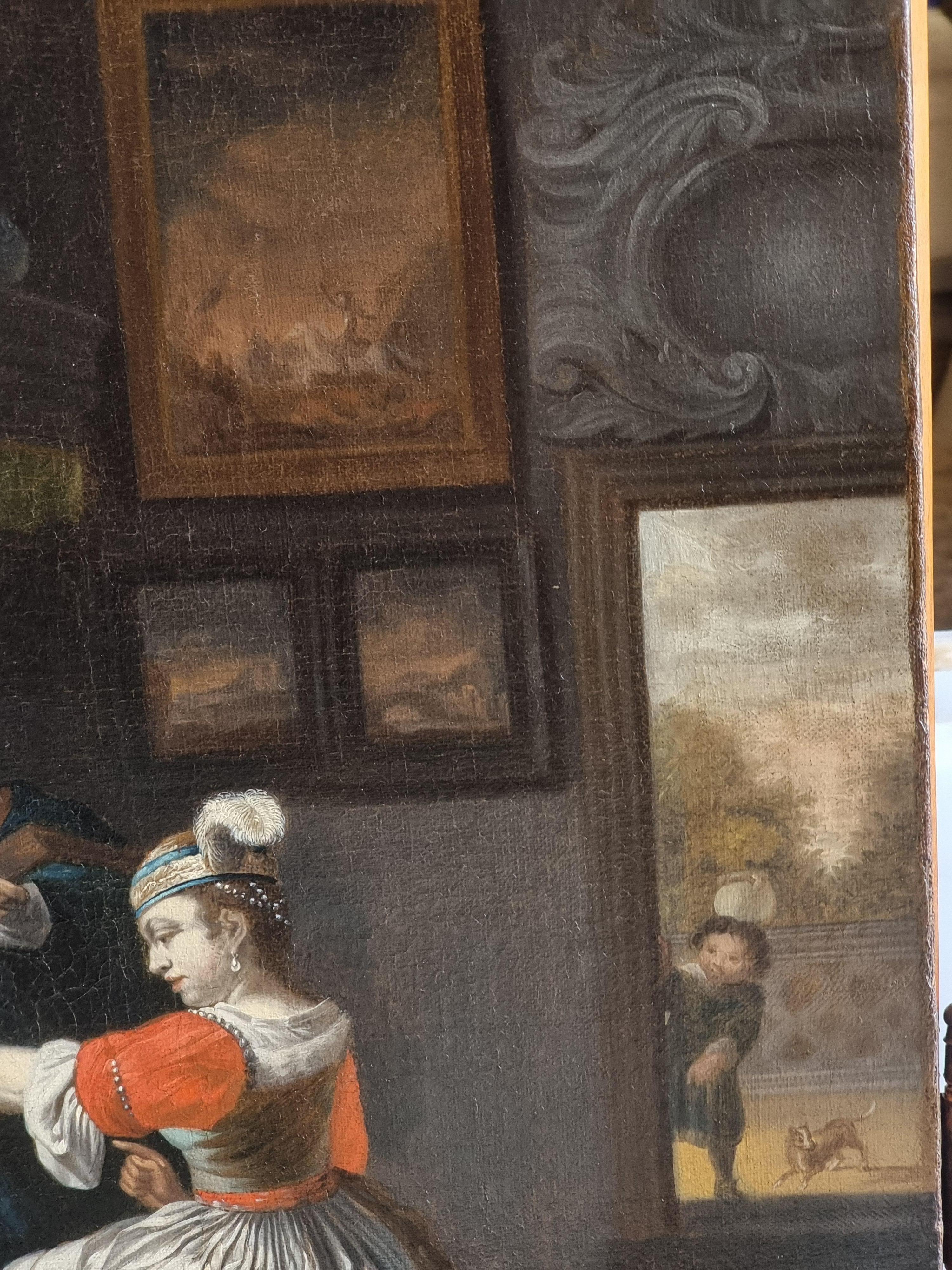 Interno elegante con gentiluomo musicista, dama e cane – Scuola olandese del XVI In condizioni buone in vendita a Vicenza, IT