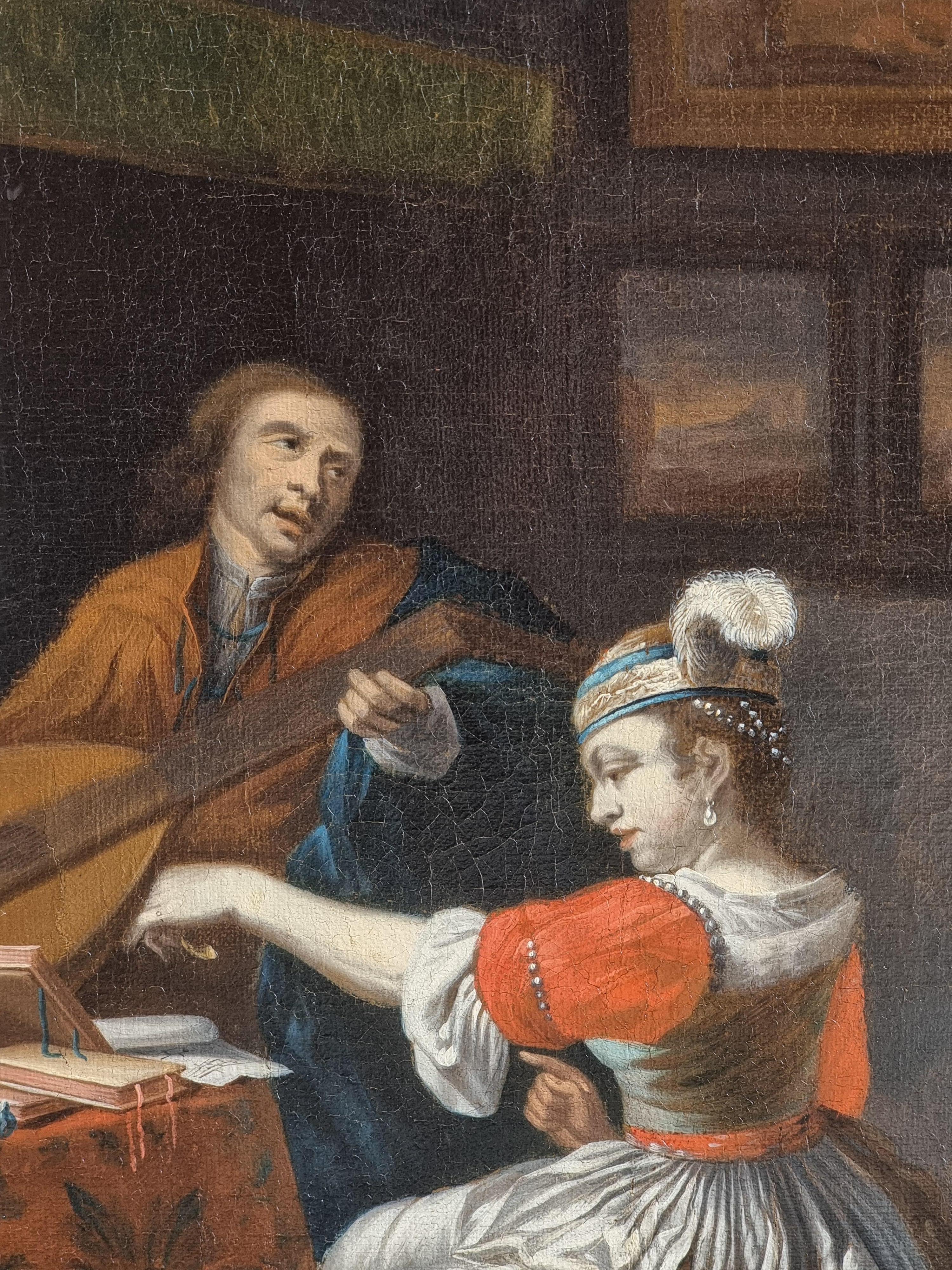 Tela Interno elegante con gentiluomo musicista, dama e cane – Scuola olandese del XVI in vendita