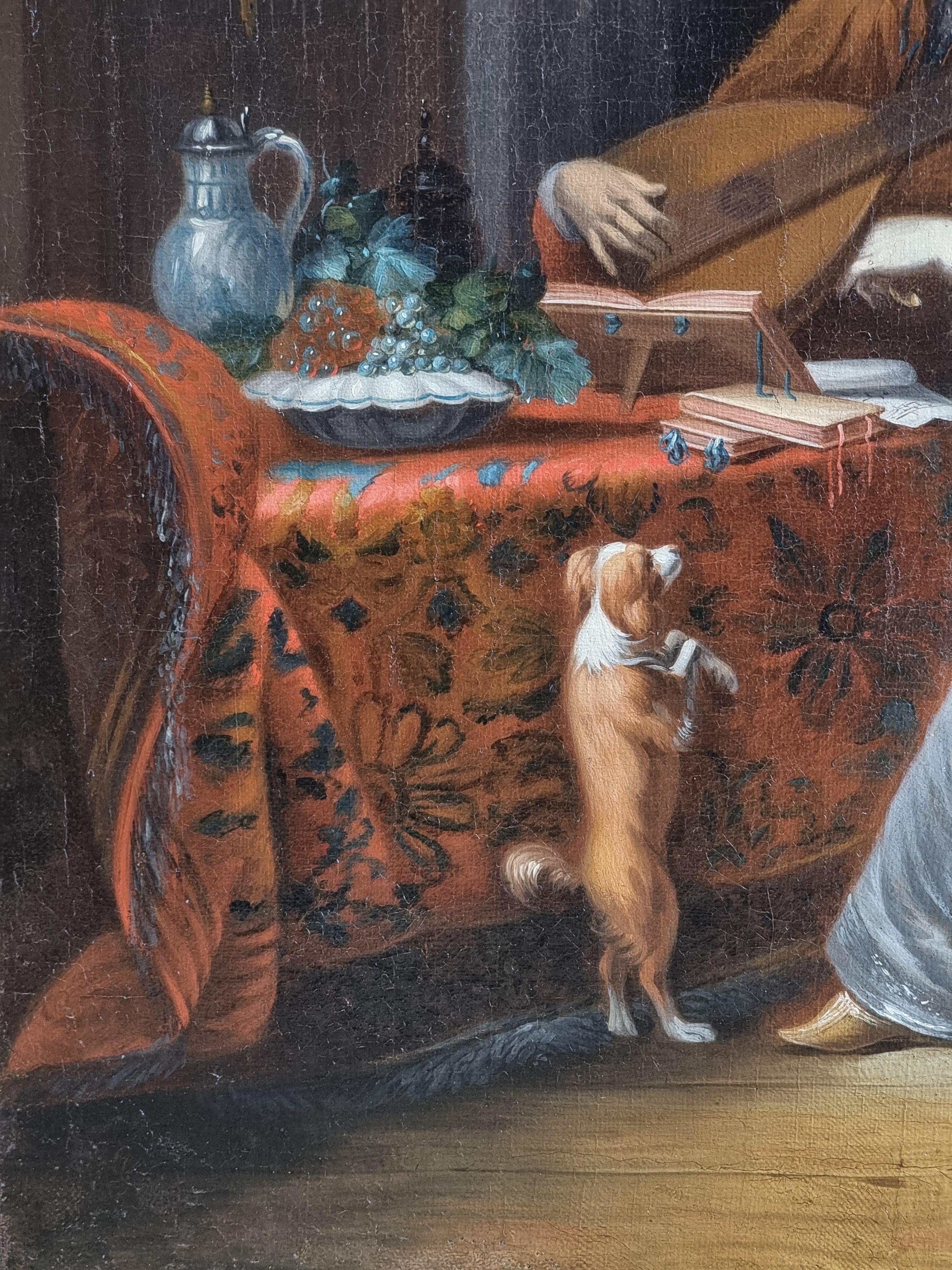 Interno elegante con gentiluomo musicista, dama e cane – Scuola olandese del XVI in vendita 1