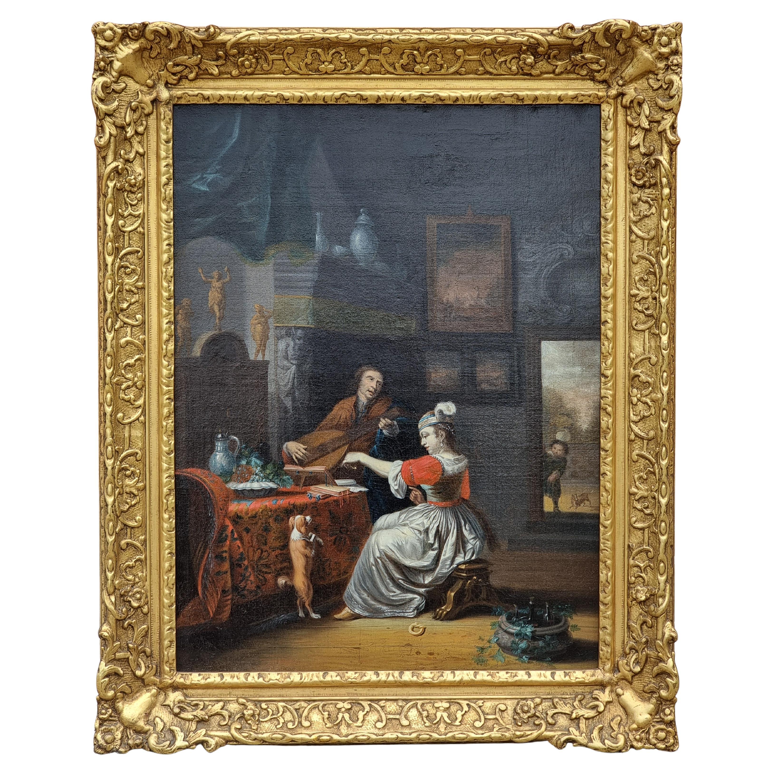 Interno elegante con gentiluomo musicista, dama e cane – Scuola olandese del XVI