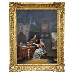 Intérieur élégant avec gentilhomme musicien, dame et chien - École hollandaise du XVIe siècle