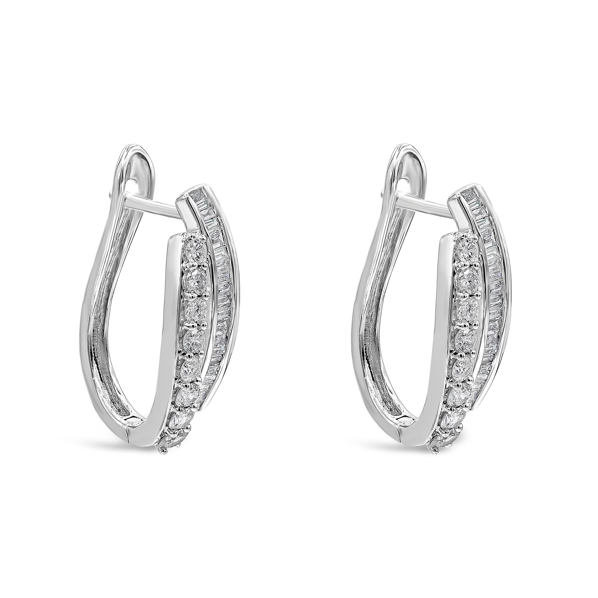 A unique pair of hoop earrings showcasing a row of brilliant round diamonds set in a shared prong setting and a row of baguette diamonds set in a channel set weighing 1.34 carats total. Made in 10K white gold.

Style available in different price