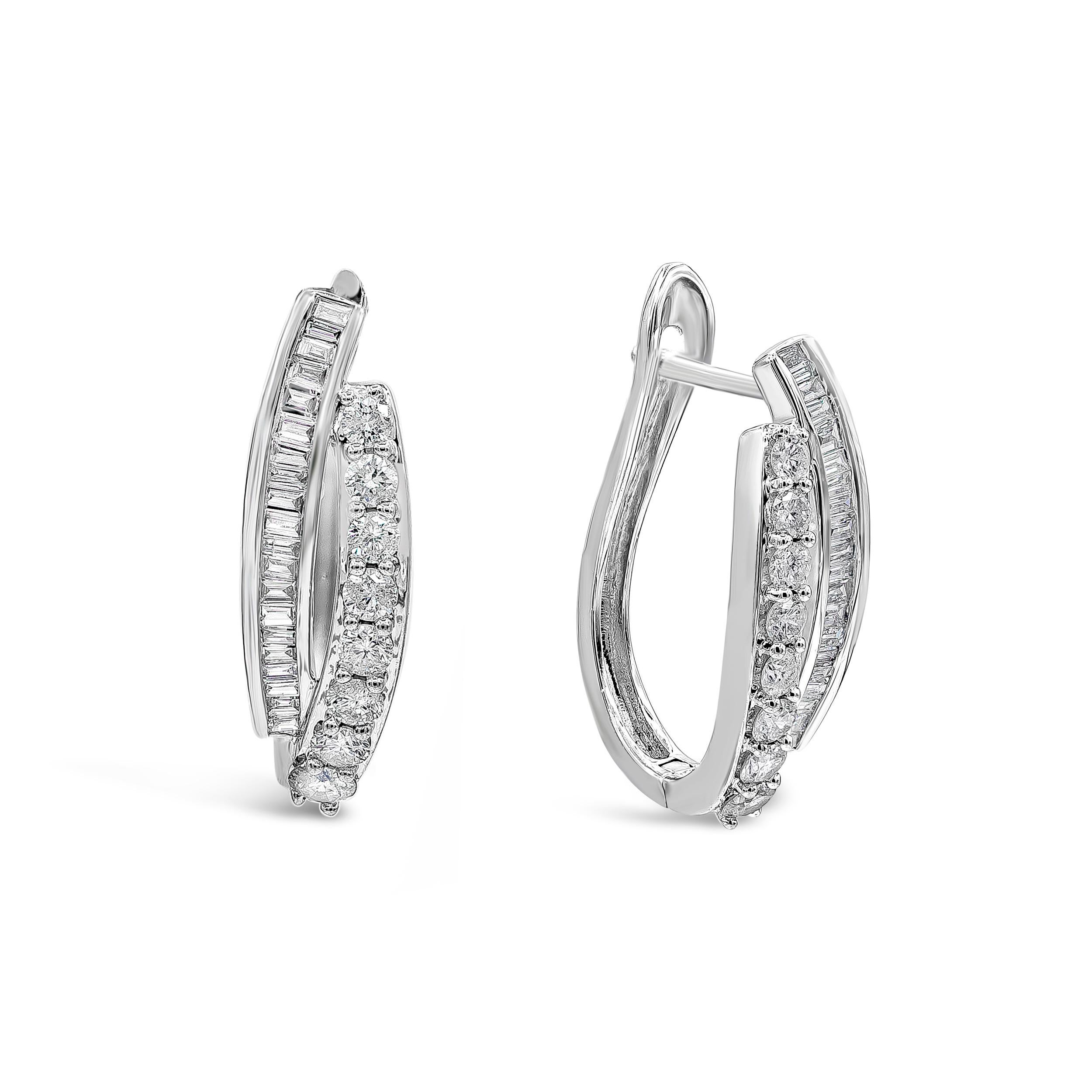 Contemporary 1.34 Carats Total Round and Baguette Cut Diamond Hoop Earrings