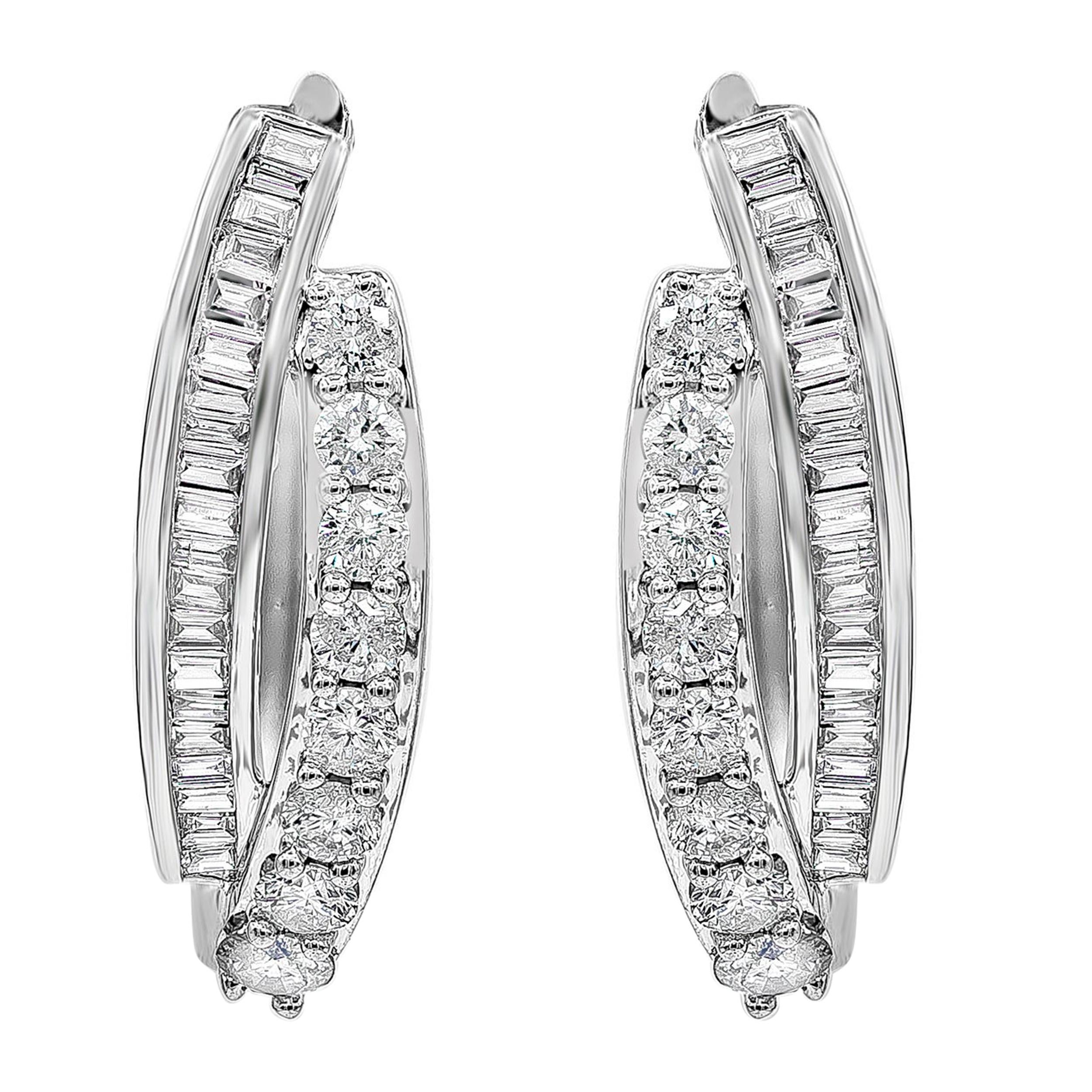 1.34 Carats Total Round and Baguette Cut Diamond Hoop Earrings