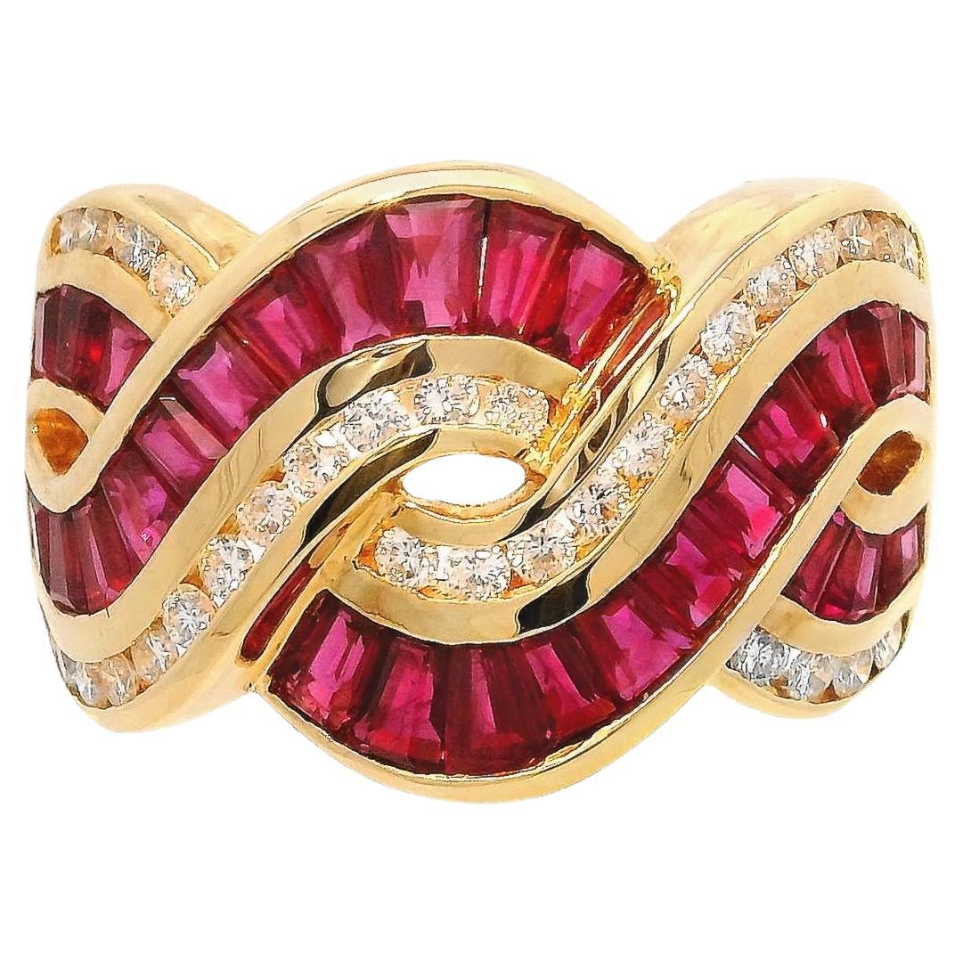 Intertwined Baguette Ruby and Brilliant Round Diamond Ring in 18K Yellow Gold