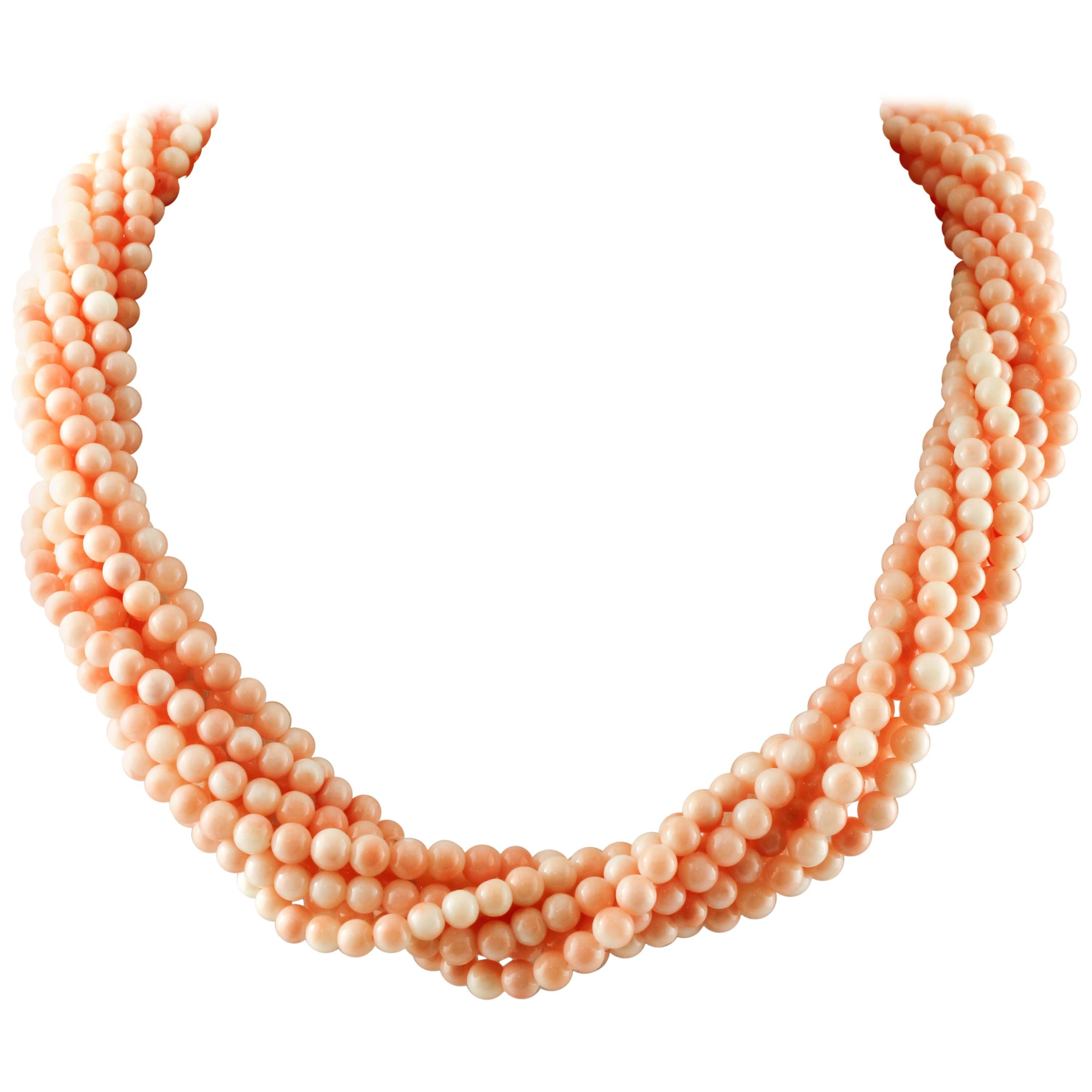Intertwined Beaded Pink  Coral Spheres Necklace, 18K Yellow Gold Closure