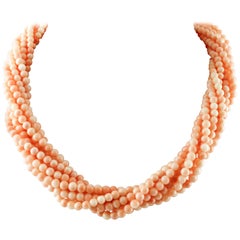 Vintage Intertwined Beaded Pink  Coral Spheres Necklace, 18K Yellow Gold Closure