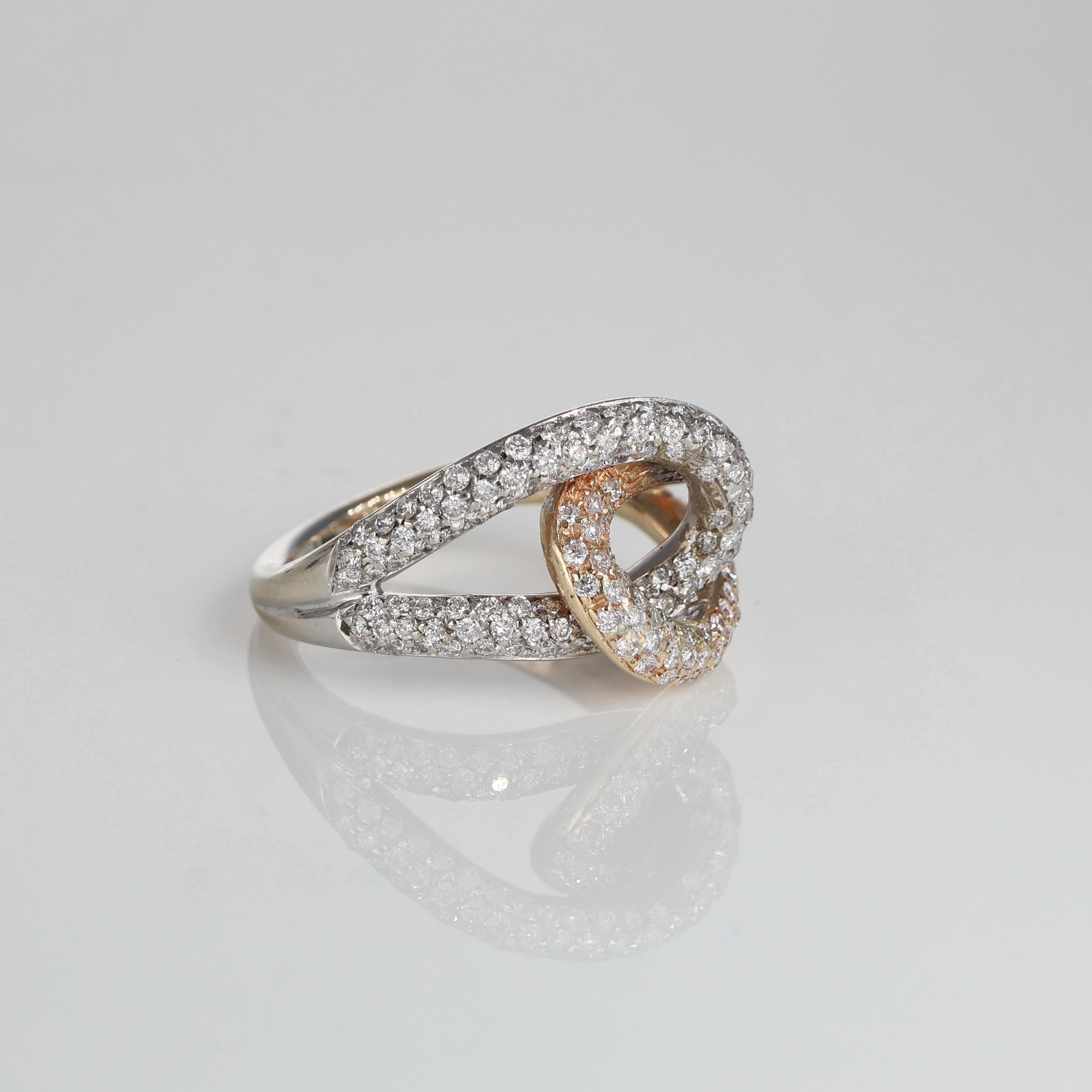 Brilliant Cut Intertwined Loops White and Rose Gold Ring with Diamond Pavé For Sale