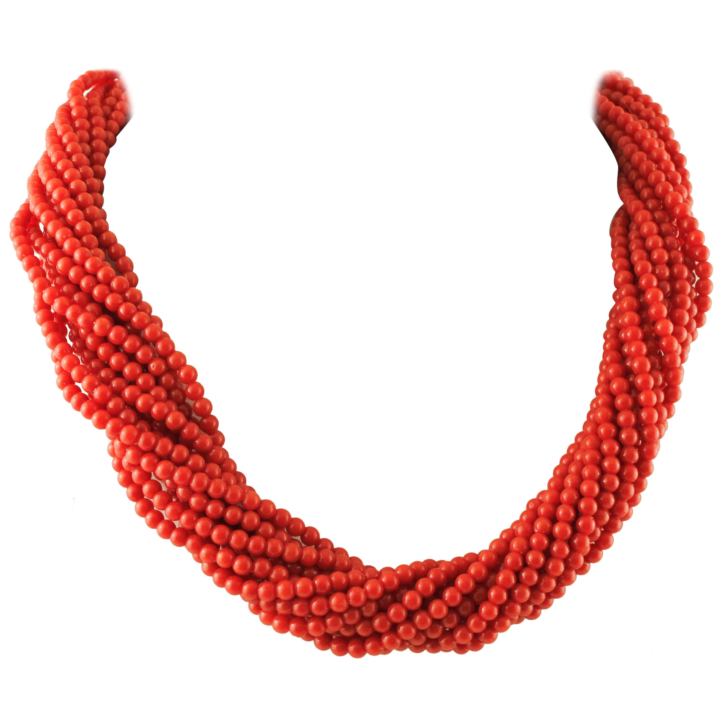 Intertwined Multi-Strands Red Beaded Coral Necklace 18K Yellow Gold Closure