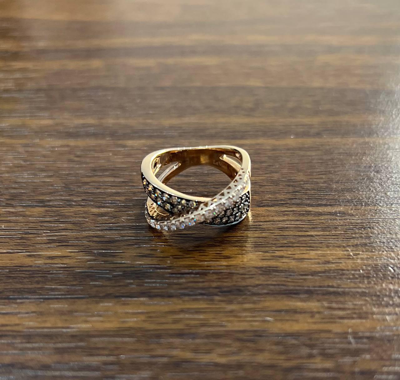 Intertwined Pave-Set White Champagne Diamonds 14K Rose Gold Statement Ring For Sale 1