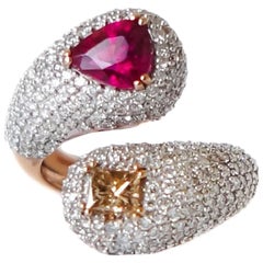 Intertwined Rubellite and Fancy Diamond Ring