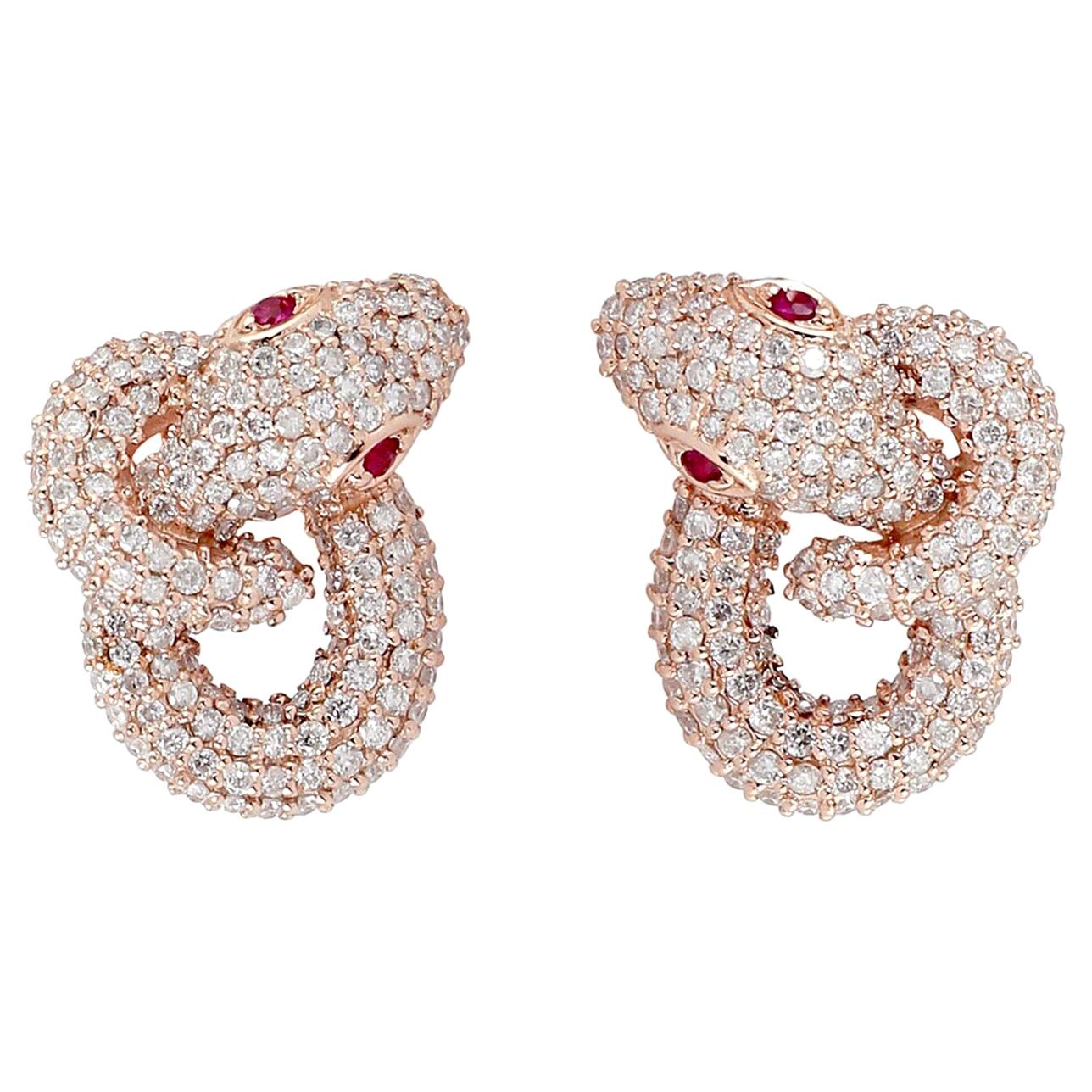 Pendientes Serpiente Entrelazada Oro de 14 Kilates Rubí Diamante Contemporáneo en venta