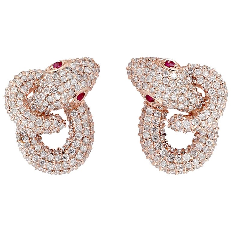 Intertwined Snake 18 Karat Ruby Diamond Stud Earrings at 1stDibs