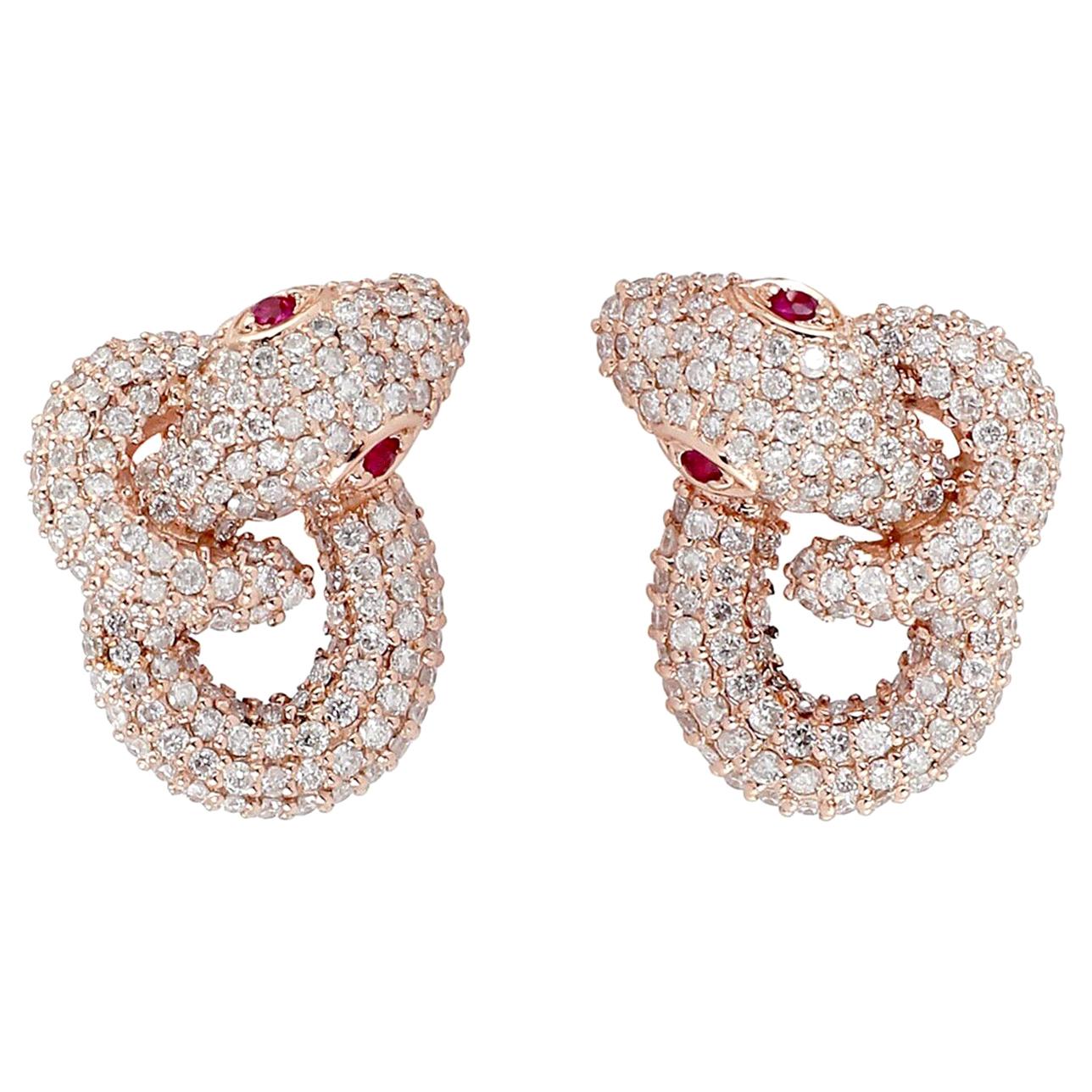 Intertwined Snake 14 Karat Ruby Diamond Stud Earrings For Sale