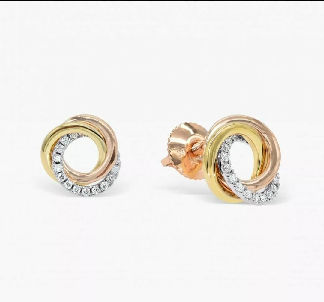 Intertwined Tri-Color Circle Earring 14k Solid Gold Diamond Anniversary Earring. For Sale 5