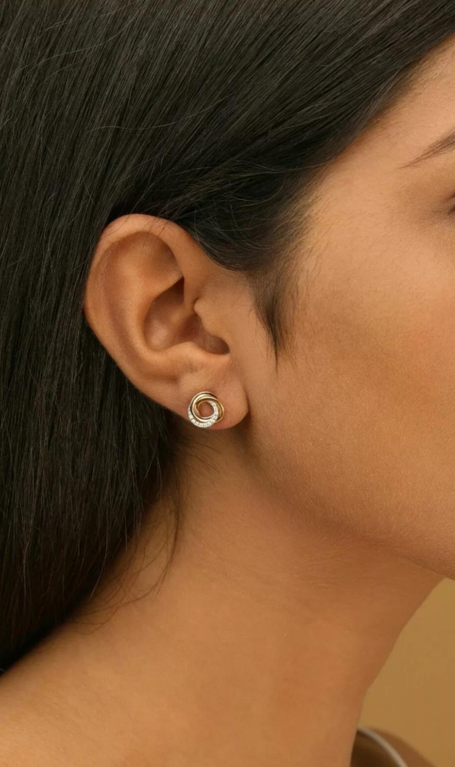 Art Deco Intertwined Tri-Color Circle Earring 14k Solid Gold Diamond Anniversary Earring. For Sale