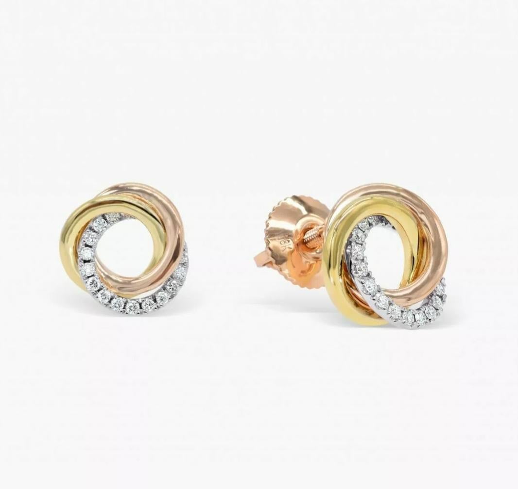 Women's or Men's Intertwined Tri-Color Circle Earring 14k Solid Gold Diamond Anniversary Earring. For Sale