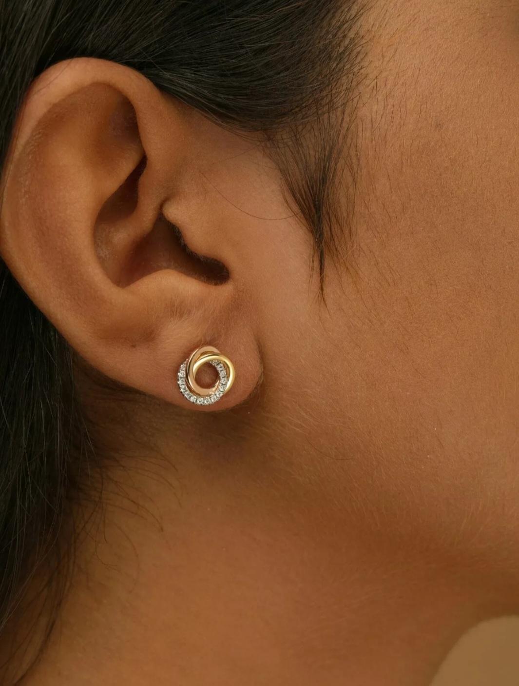 Intertwined Tri-Color Circle Earring 14k Solid Gold Diamond Anniversary Earring. For Sale 3