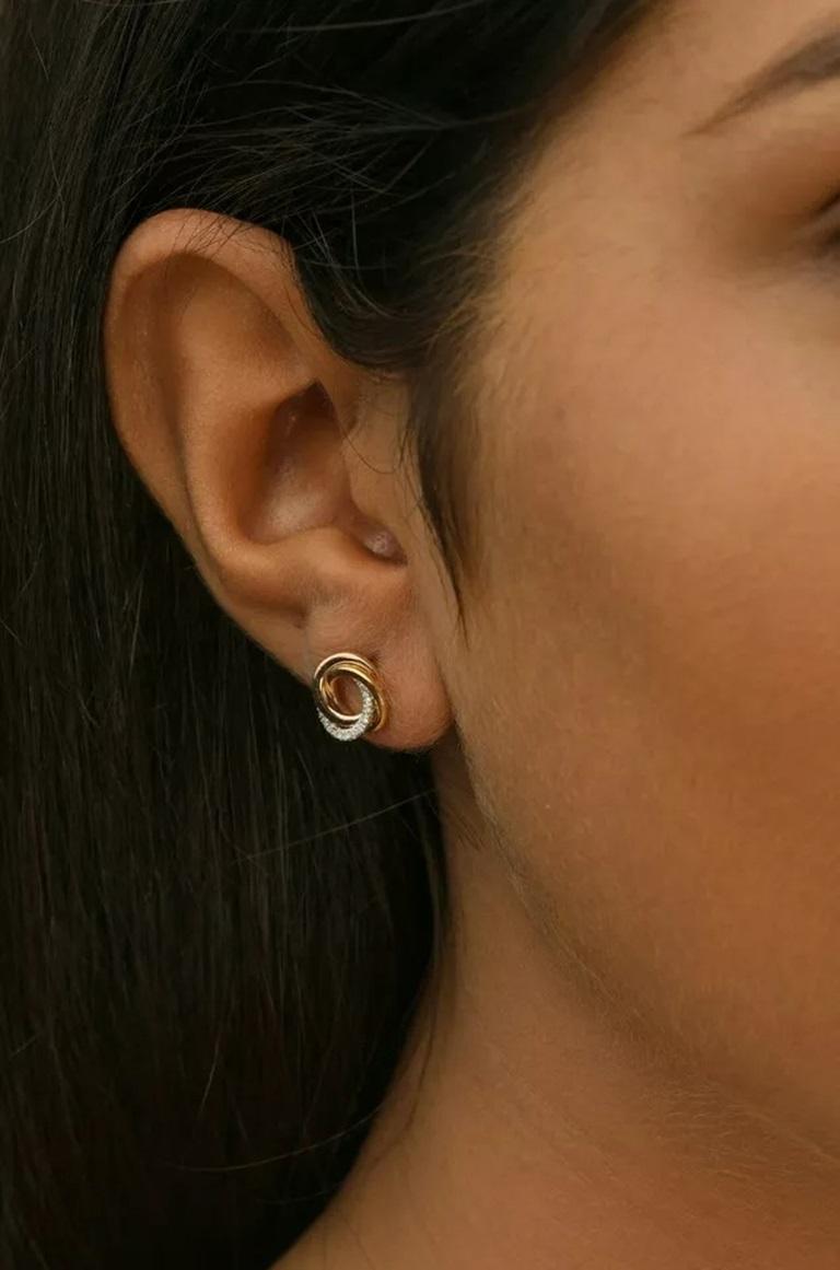 Round Cut Intertwined Tri-Color Circle Earring in 14k Solid Rose Gold Diamond For Sale