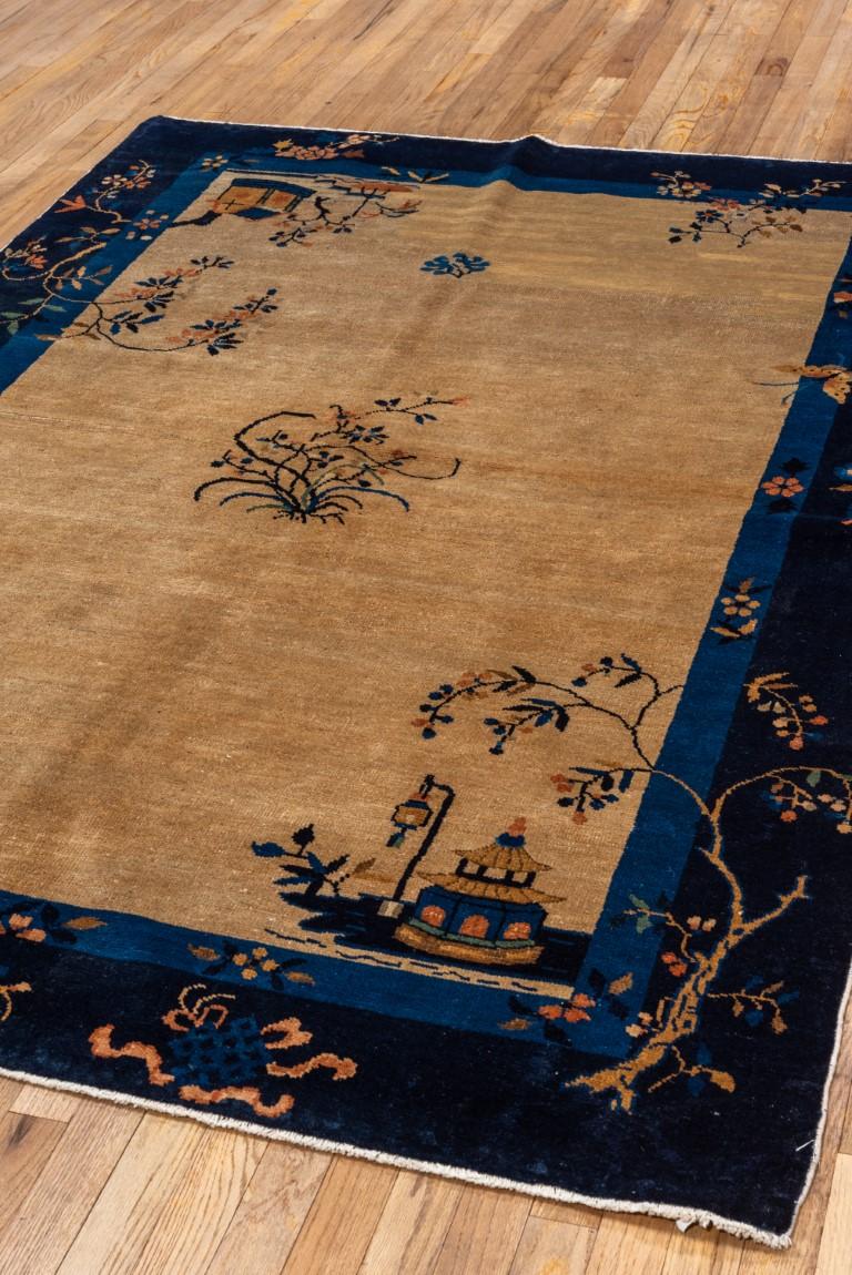 Hand-Knotted Interwar Art Deco Chinese Rug with a Straw Field and a Blue Border For Sale