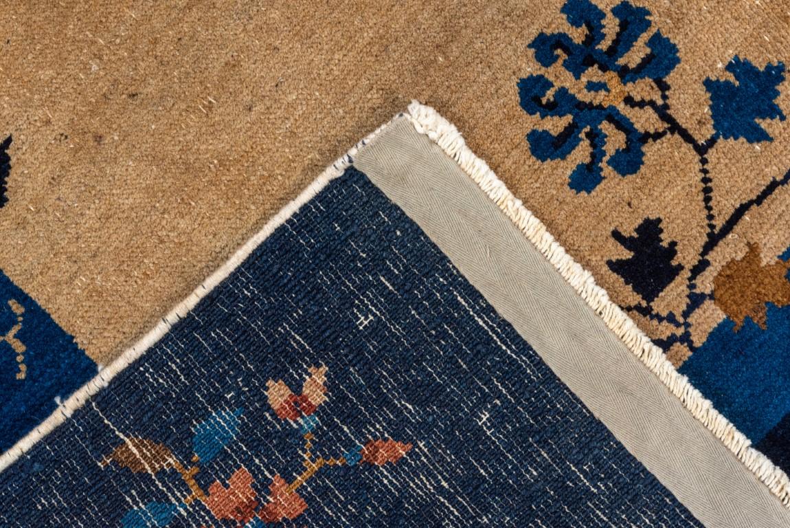 Wool Interwar Art Deco Chinese Rug with a Straw Field and a Blue Border For Sale