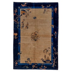 Vintage Interwar Art Deco Chinese Rug with a Straw Field and a Blue Border