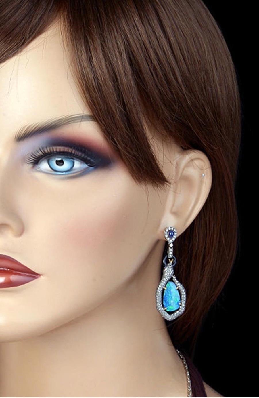 Contemporary Interwined Snake Opal Diamond Drop Earrings For Sale