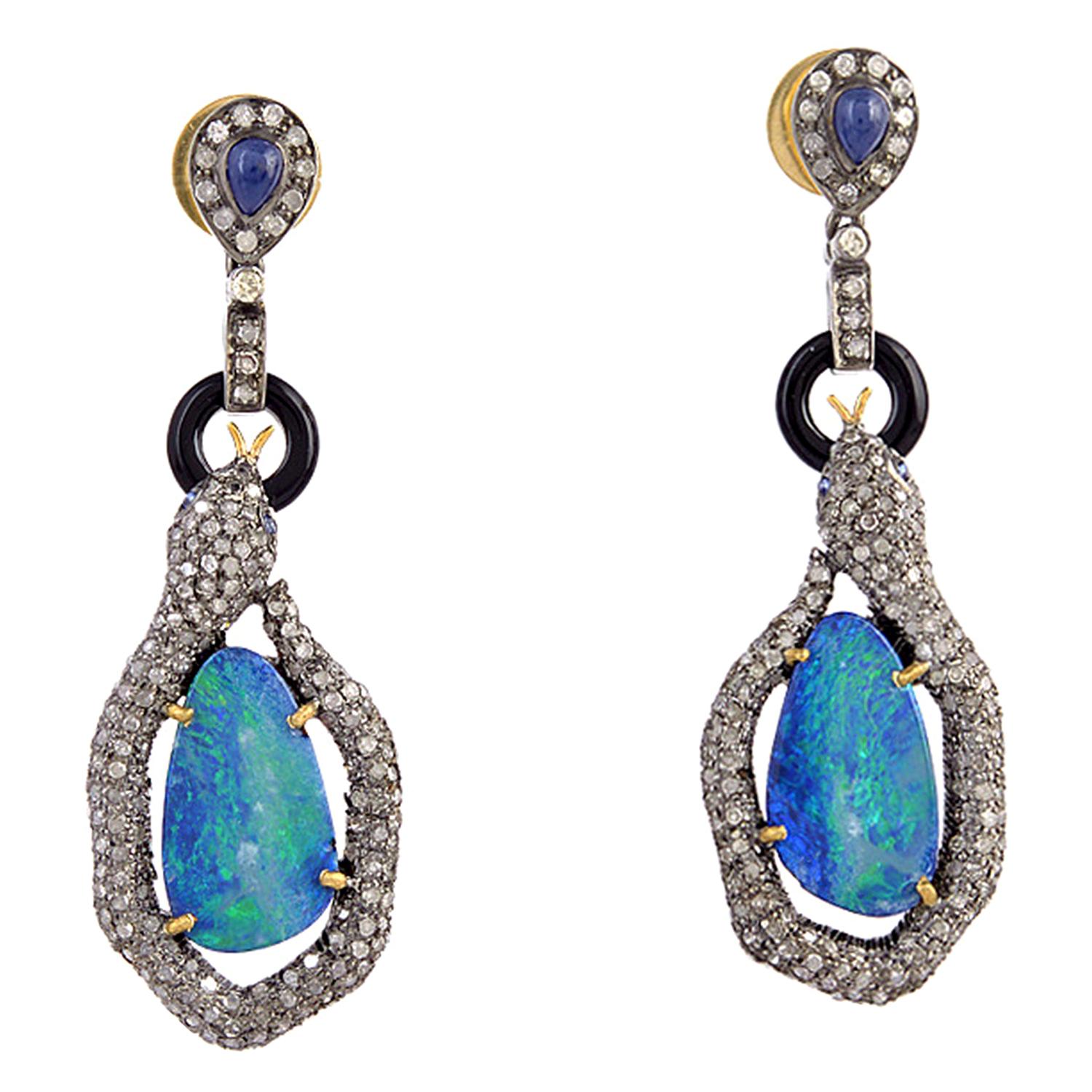 Interwined Snake Opal Diamond Drop Earrings For Sale