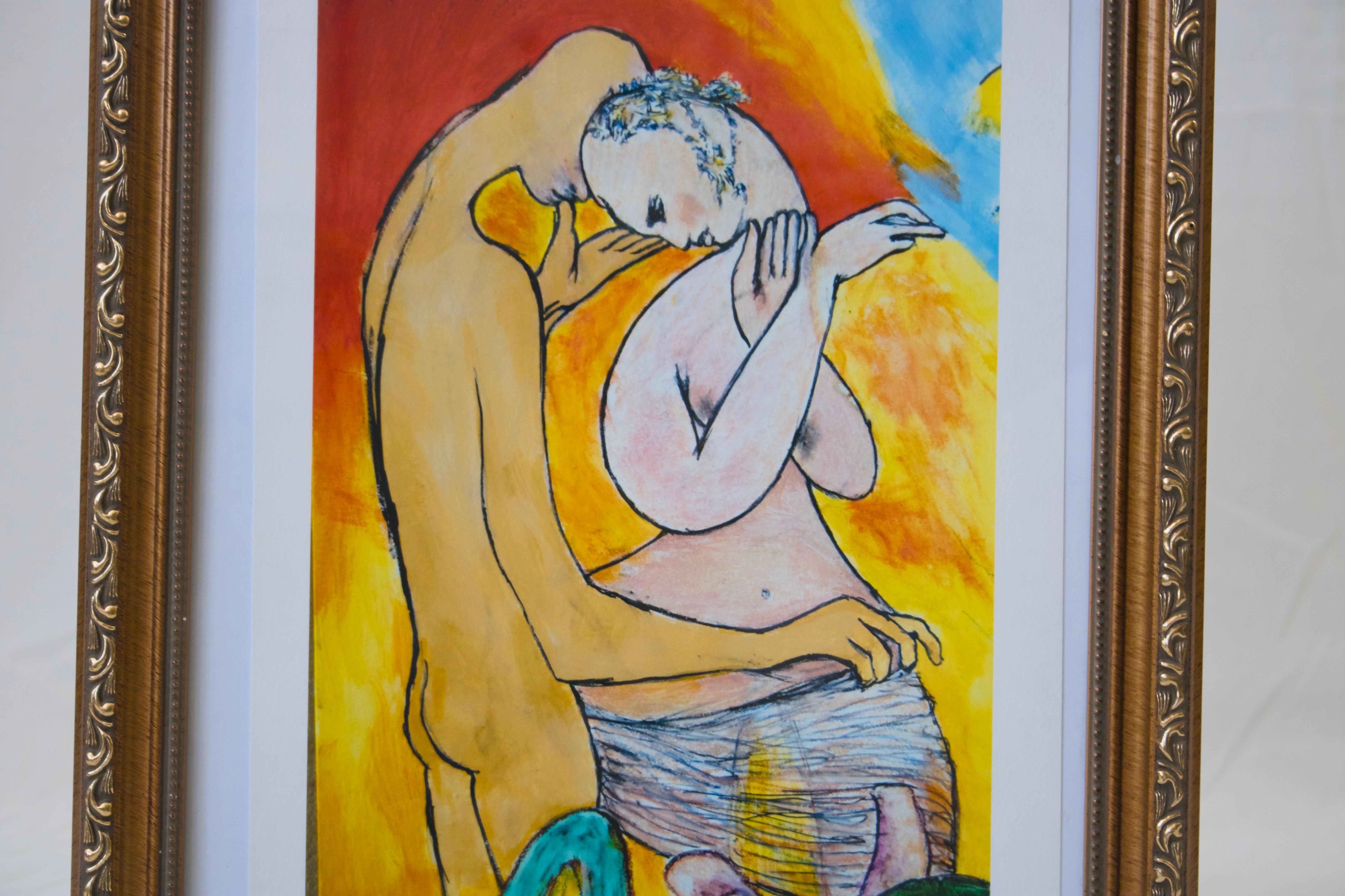 XX secolo Abbraccio intimo di Pablo S. Davis, gouache incorniciata e firmata in vendita