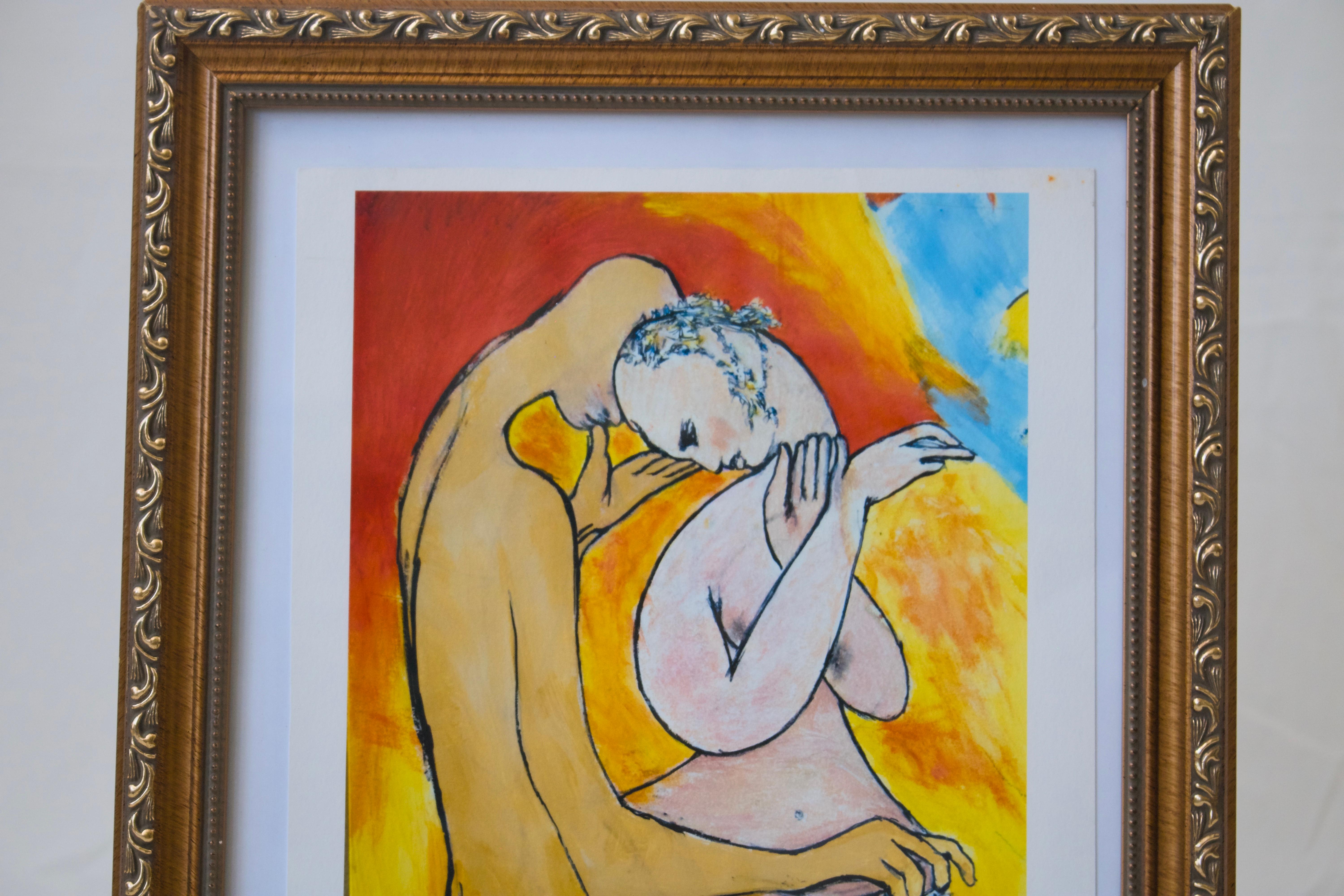 Carta Abbraccio intimo di Pablo S. Davis, gouache incorniciata e firmata in vendita