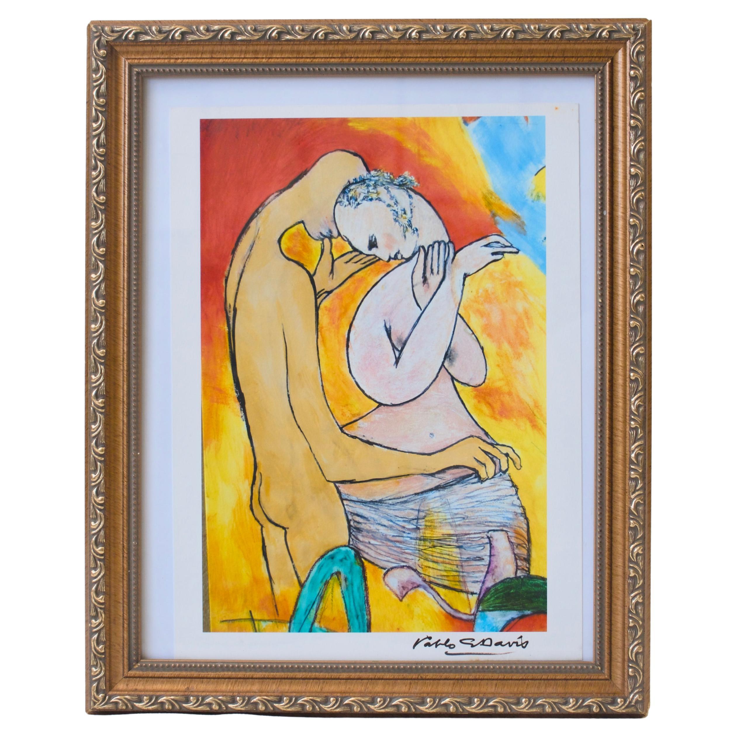 Abbraccio intimo di Pablo S. Davis, gouache incorniciata e firmata