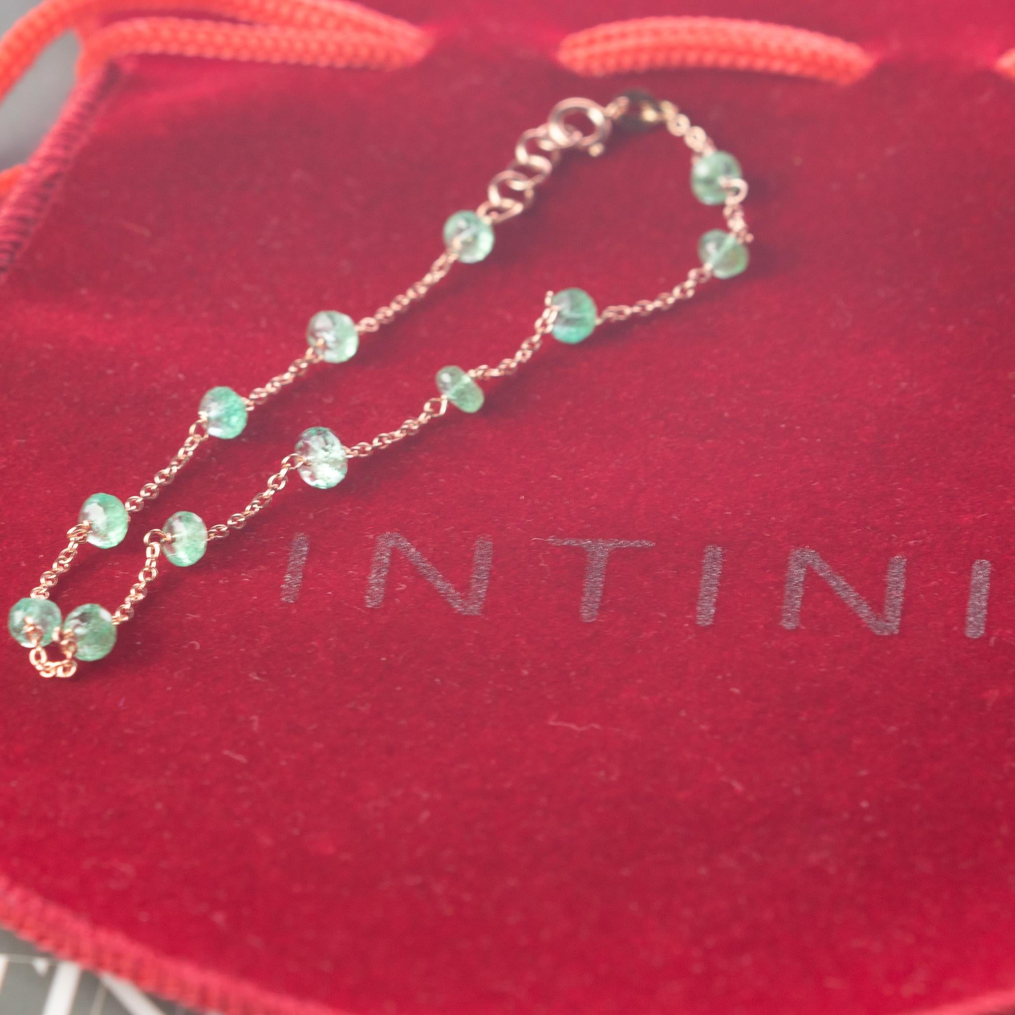 Intini Jewels 14 Karat Gold Chain Emerald Rondelle Beads Handmade Bracelet For Sale 1
