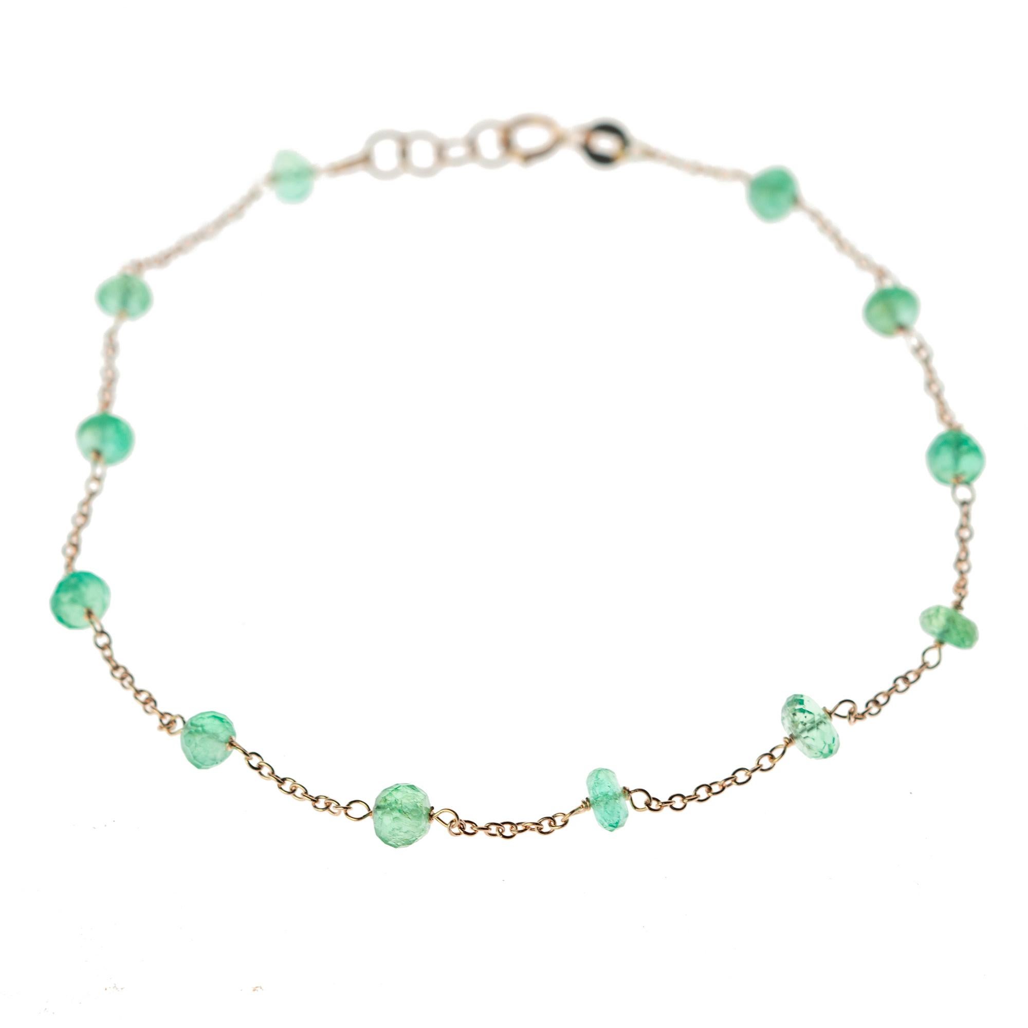 Intini Jewels 14 Karat Gold Chain Emerald Rondelle Beads Handmade Bracelet For Sale 3
