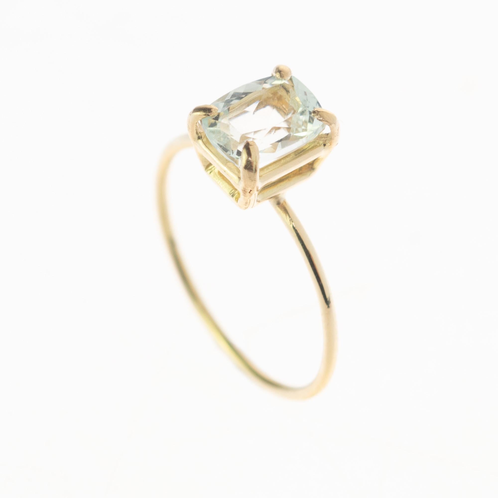 Marvelous and lovely natural aquamarine ring with 14 karat yellow gold.

Aquamarine is associated with tranquility, serenity, clarity, and harmony. As the first of the spring birthstones, the sea blue crystal represents transformation and rebirth.