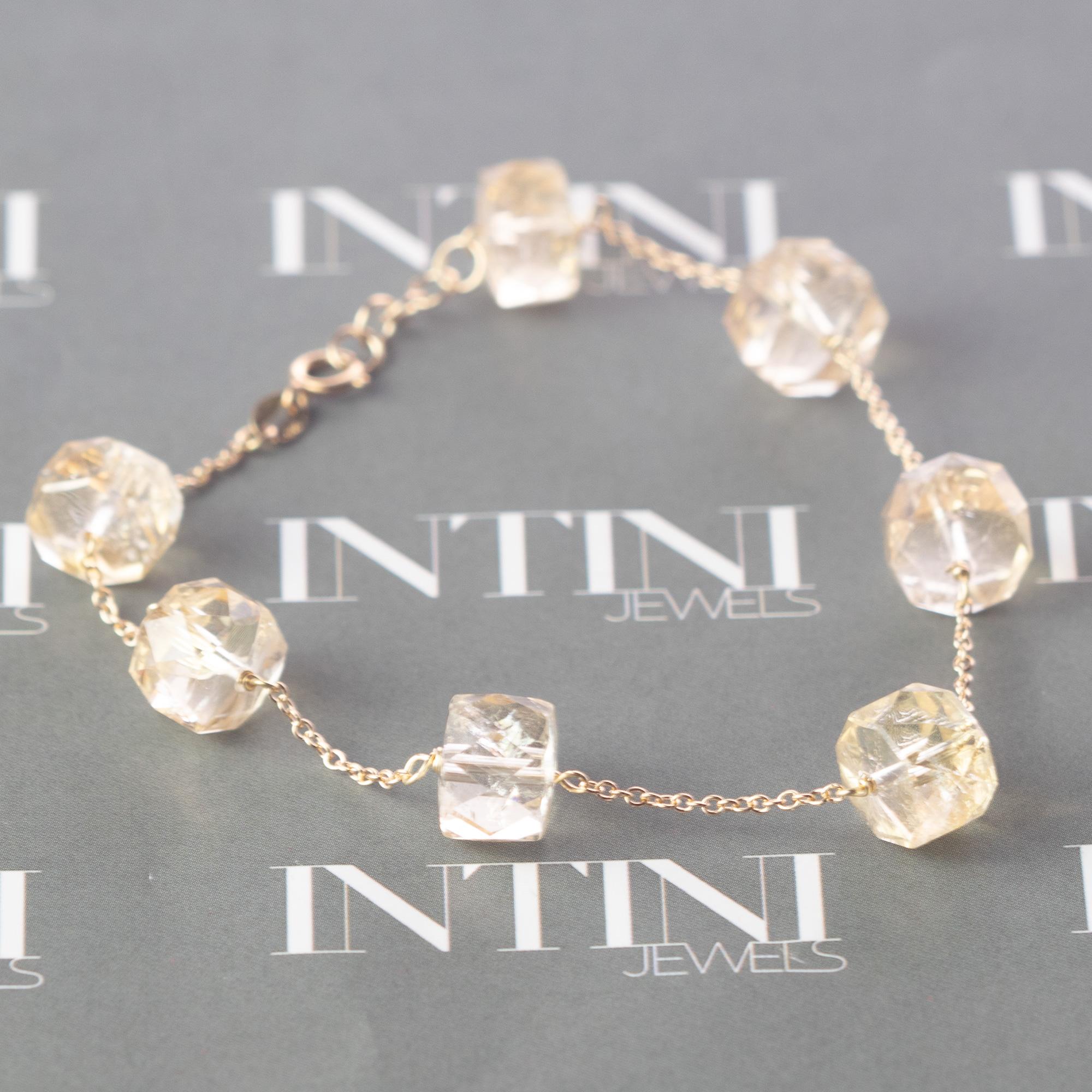 Art Nouveau Intini Jewels 14 Karat Yellow Gold Chain Citrine Beads Handmade Chain Bracelet For Sale