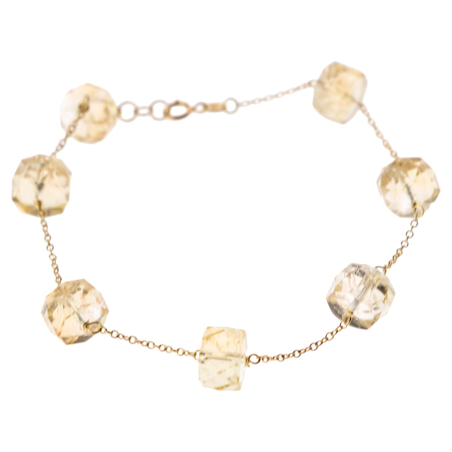 Intini Jewels 14 Karat Yellow Gold Chain Citrine Beads Handmade Chain Bracelet For Sale