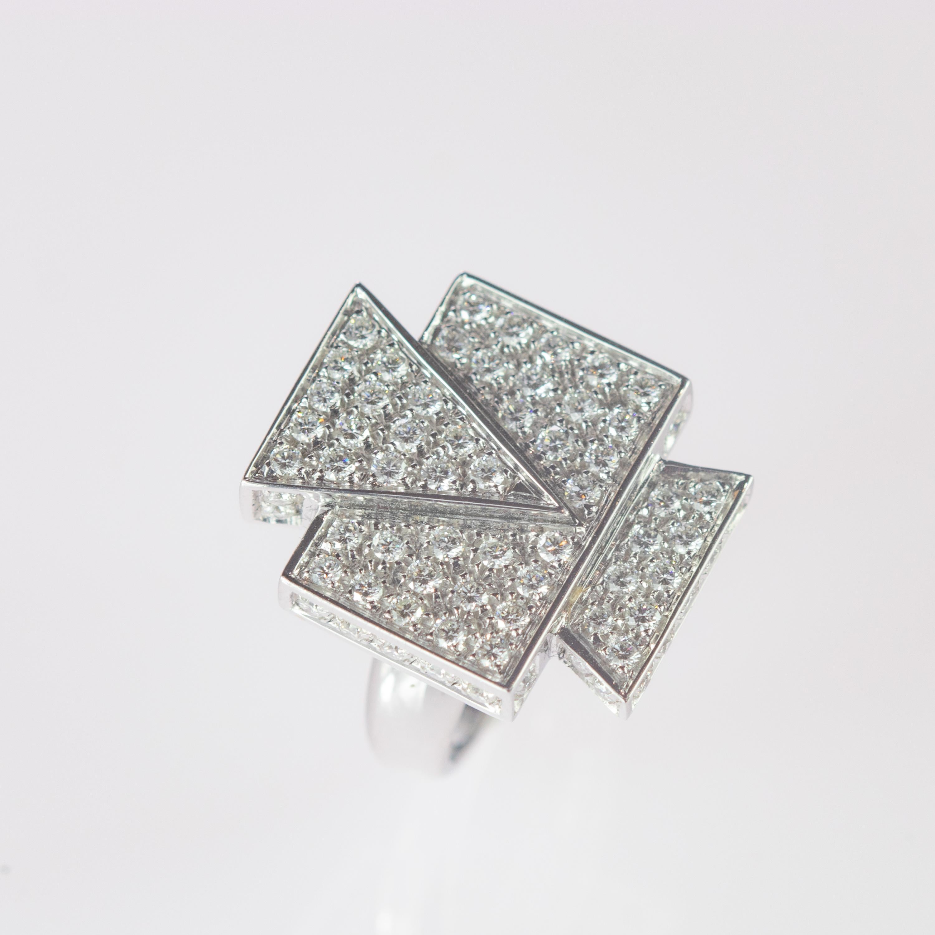 Art Deco Intini Jewels 1.69 Diamond Brilliant 18 Karat White Gold Cluster Geometric Ring For Sale