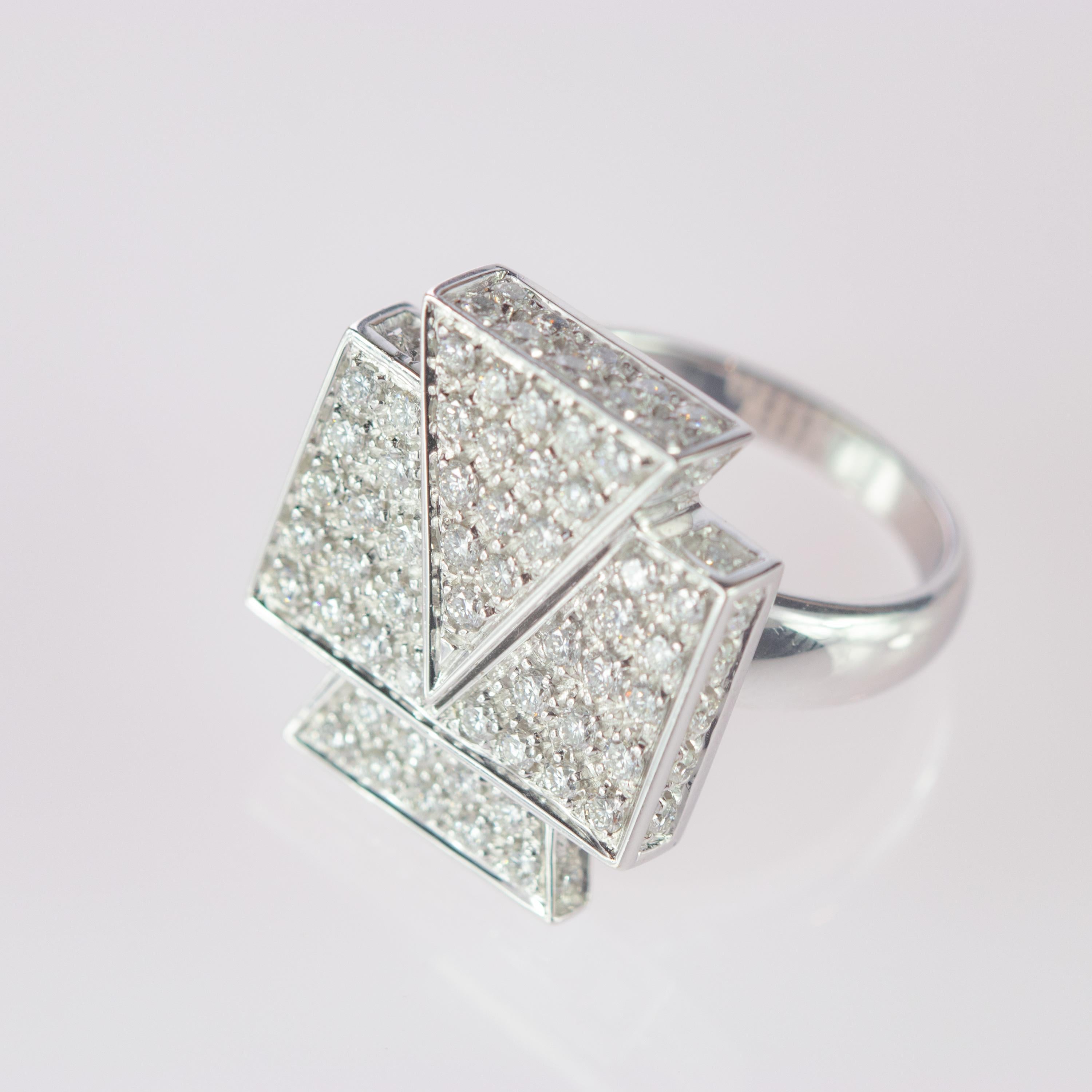 Intini Jewels 1.69 Diamond Brilliant 18 Karat White Gold Cluster Geometric Ring For Sale 1