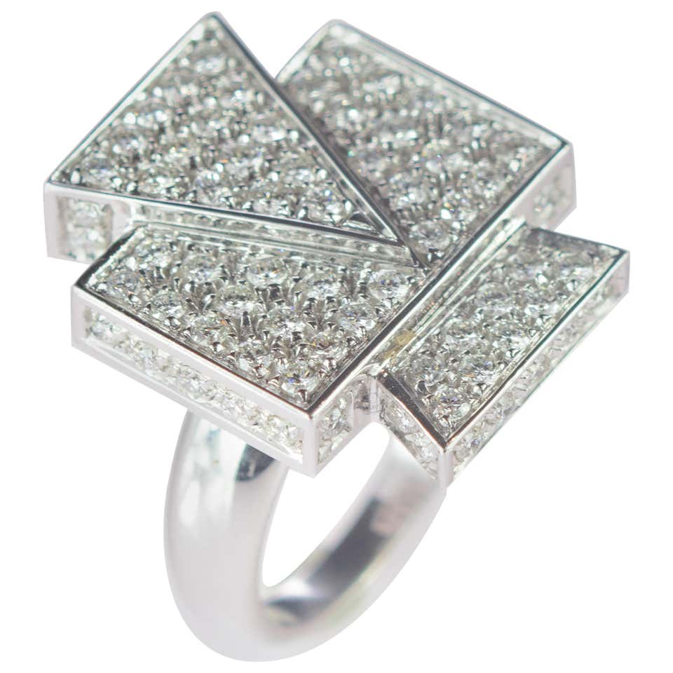 Diamond Brilliant Cut 18 Karat White Gold Cluster Italian Geometric ...