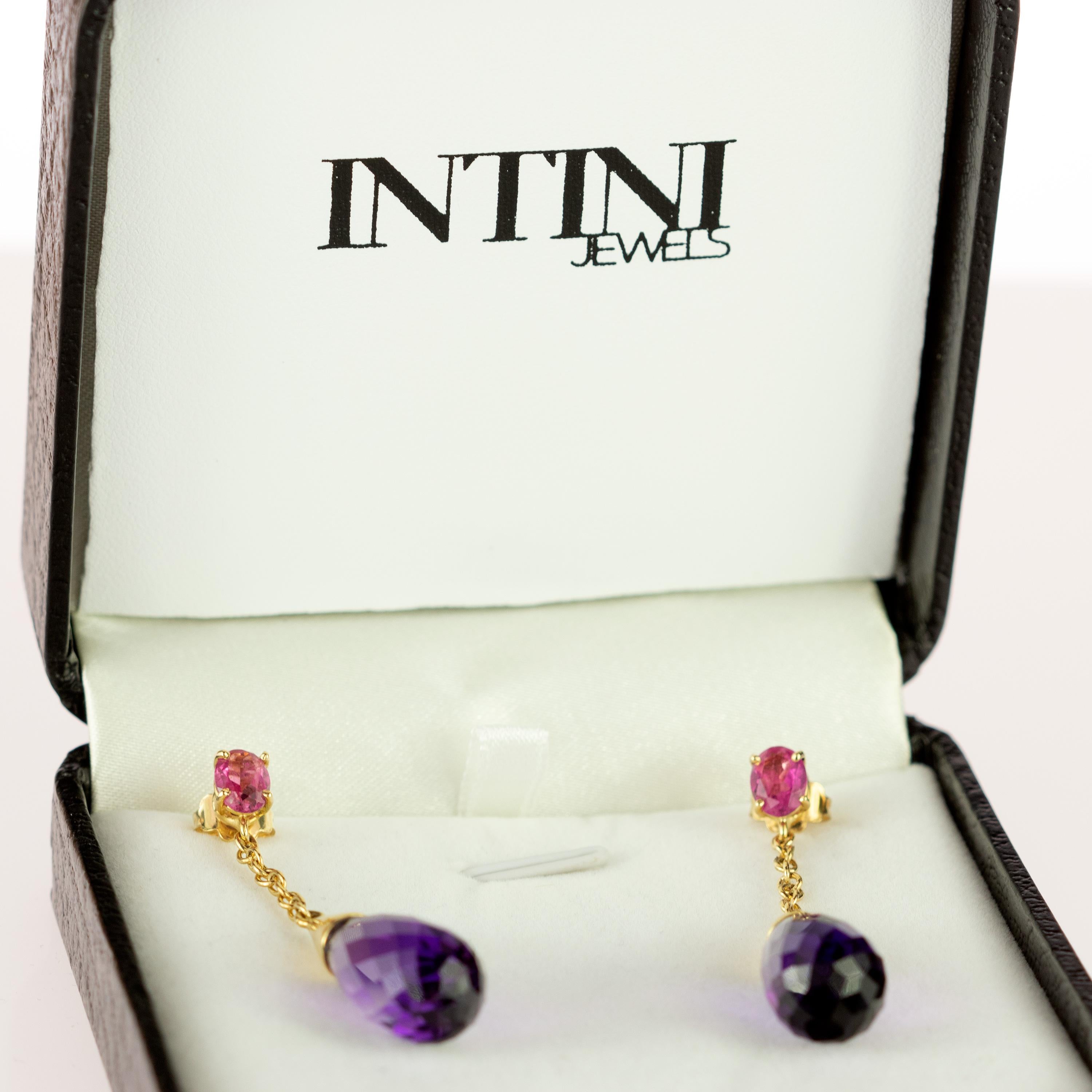 Taille mixte Boucles d'oreilles cocktail en or 18 carats avec améthystes violettes et tourmalines en forme de gouttes d'eau en vente