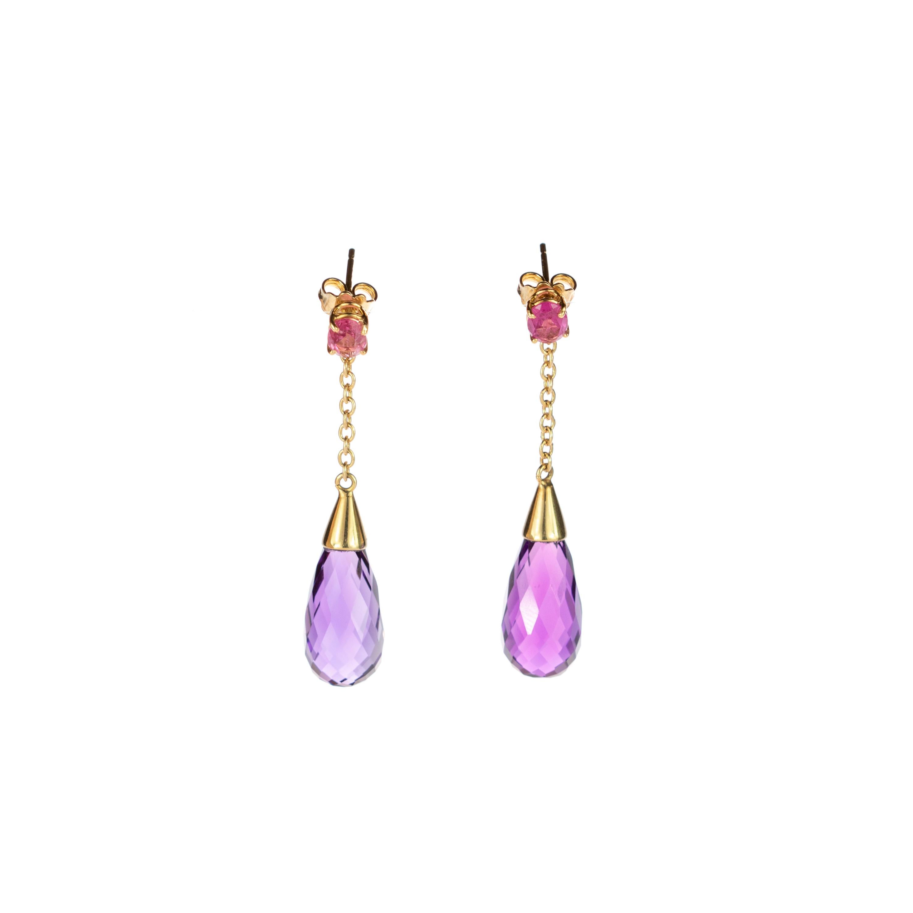 Women's 18 Karat Gold Amethyst Purple Drops Tear Tourmaline Drop Cocktail Earrings For Sale