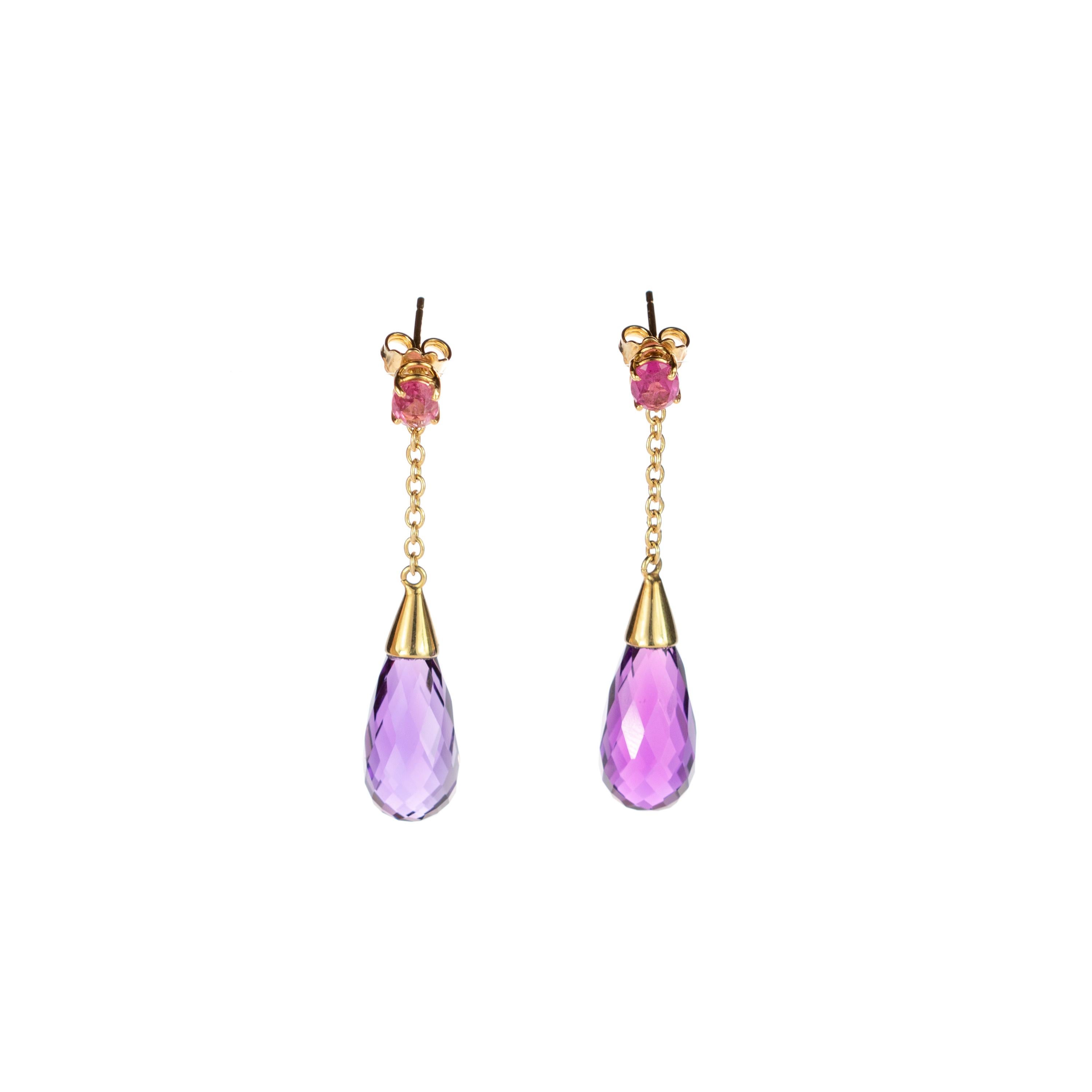 Boucles d'oreilles cocktail en or 18 carats avec améthystes violettes et tourmalines en forme de gouttes d'eau Pour femmes en vente