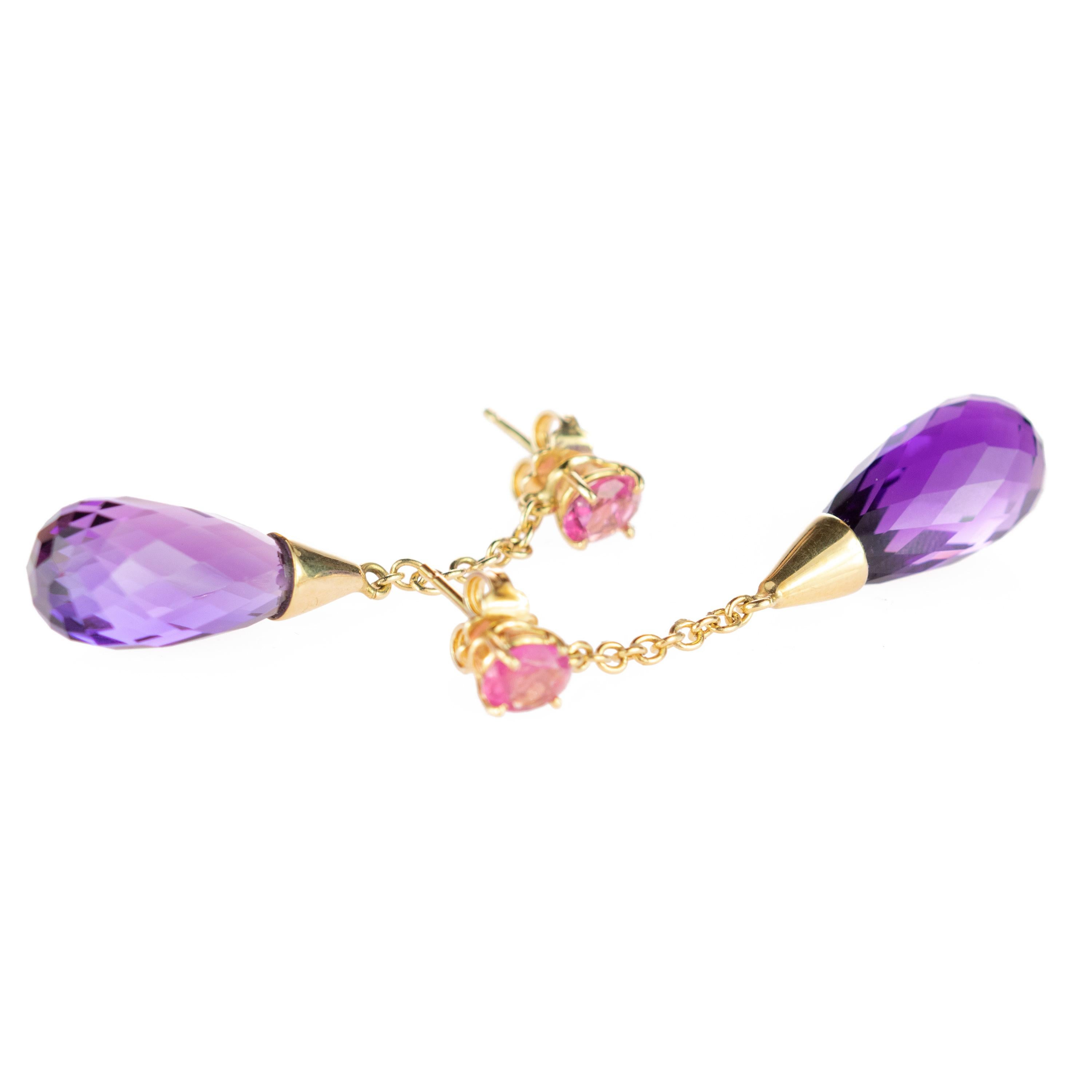 18 Karat Gold Amethyst Purple Drops Tear Tourmaline Drop Cocktail Earrings For Sale 1