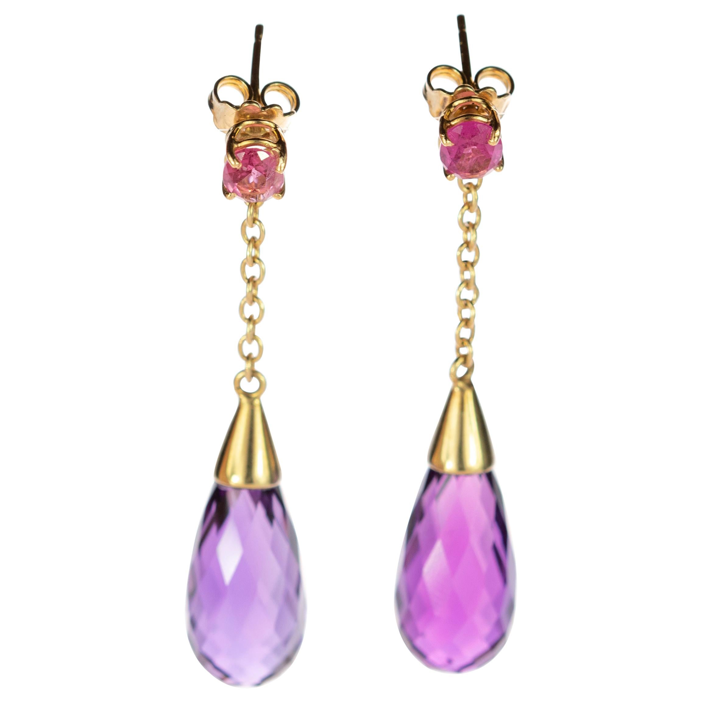 18 Karat Gold Amethyst Purple Drops Tear Tourmaline Drop Cocktail Earrings For Sale