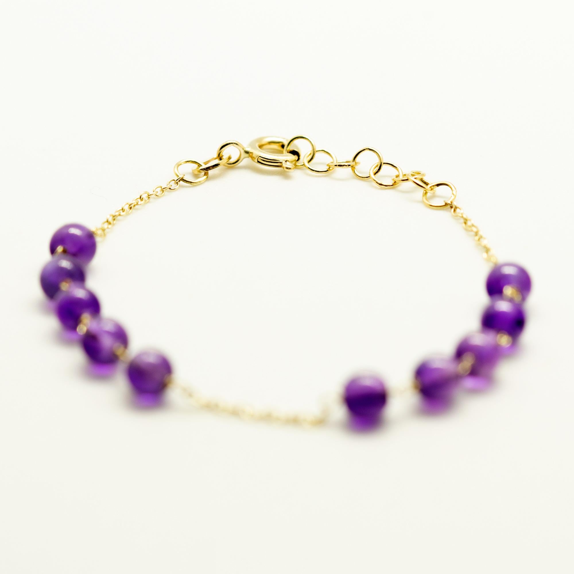 Round Cut Intini Jewels 18 Karat Gold Chain Amethyst Round Purple Deco Cocktail Bracelet For Sale